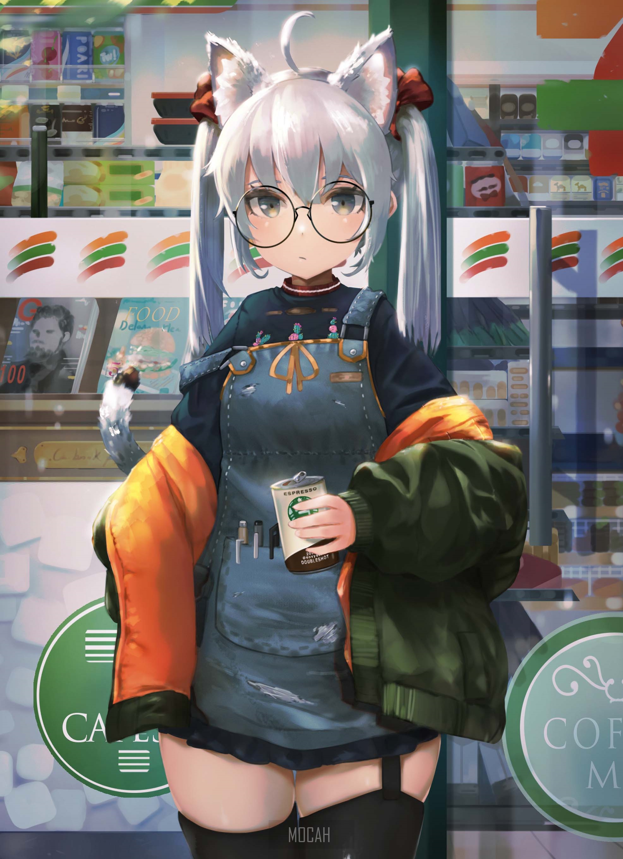 Anime cat girl with glasses holding a coffee cup HD Phone Wallpaper