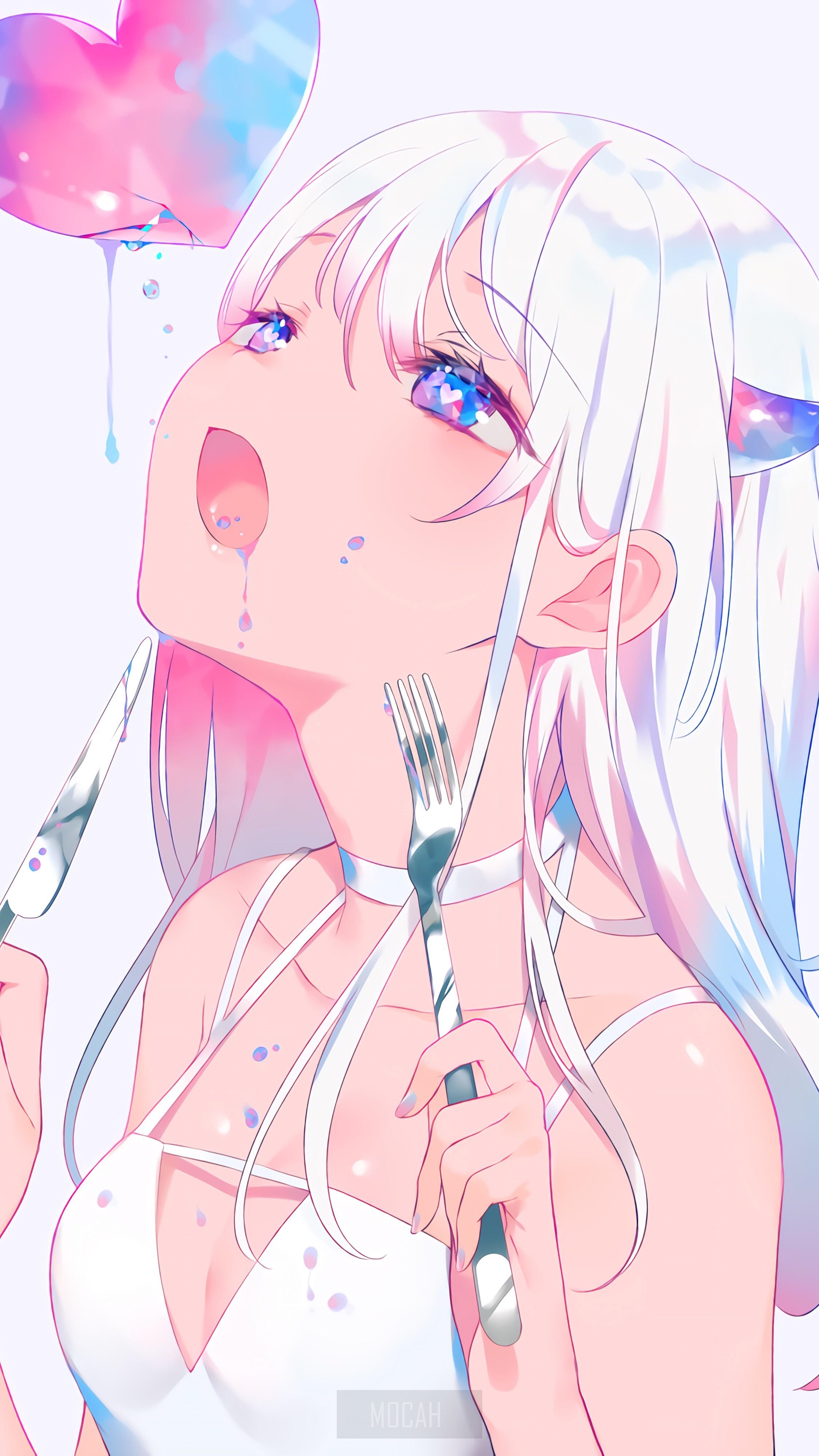 Anime girl with white hair and blue eyes holding a fork HD Phone Wallpaper
