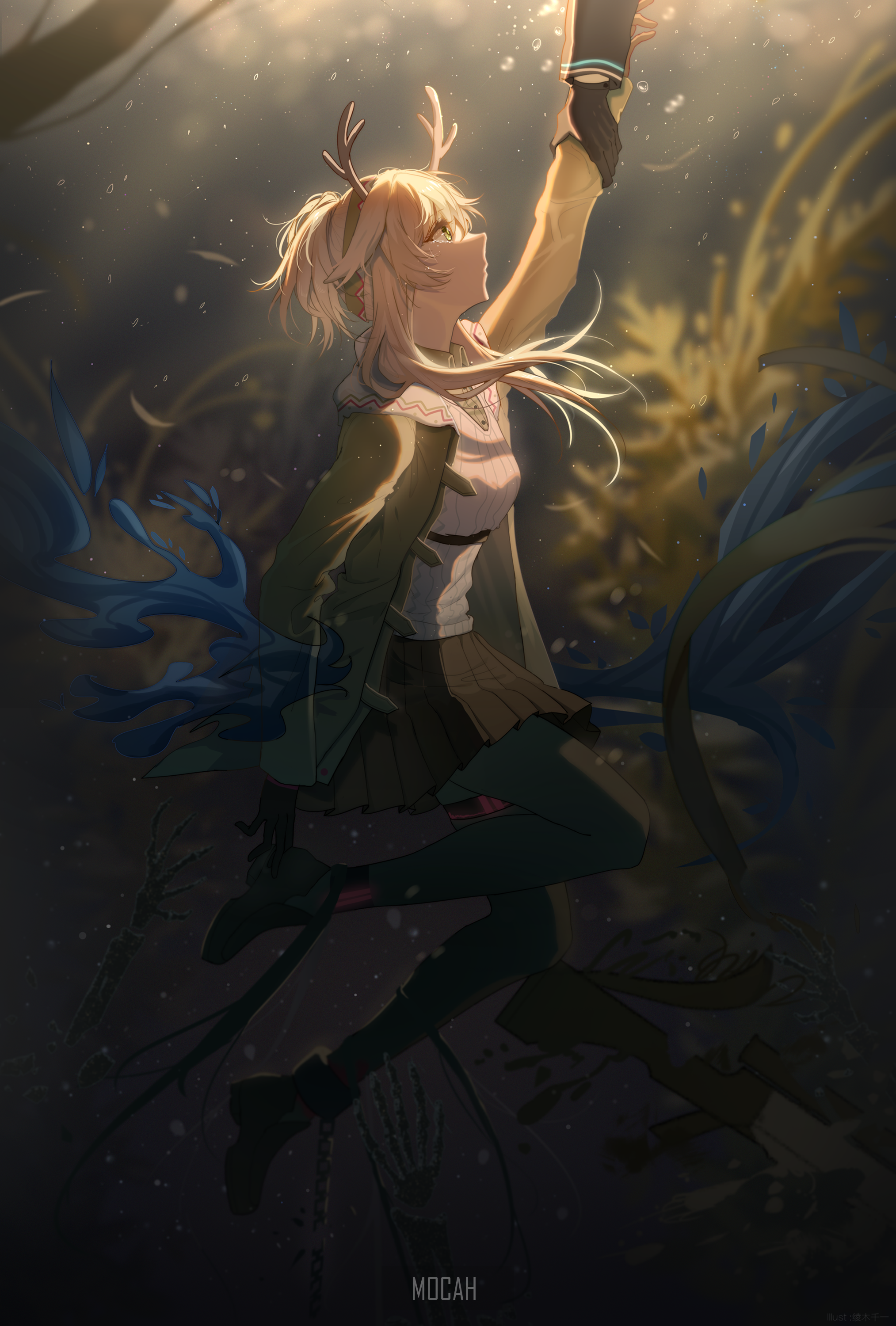 Anime girl with antlers reaching for light HD Phone Wallpaper