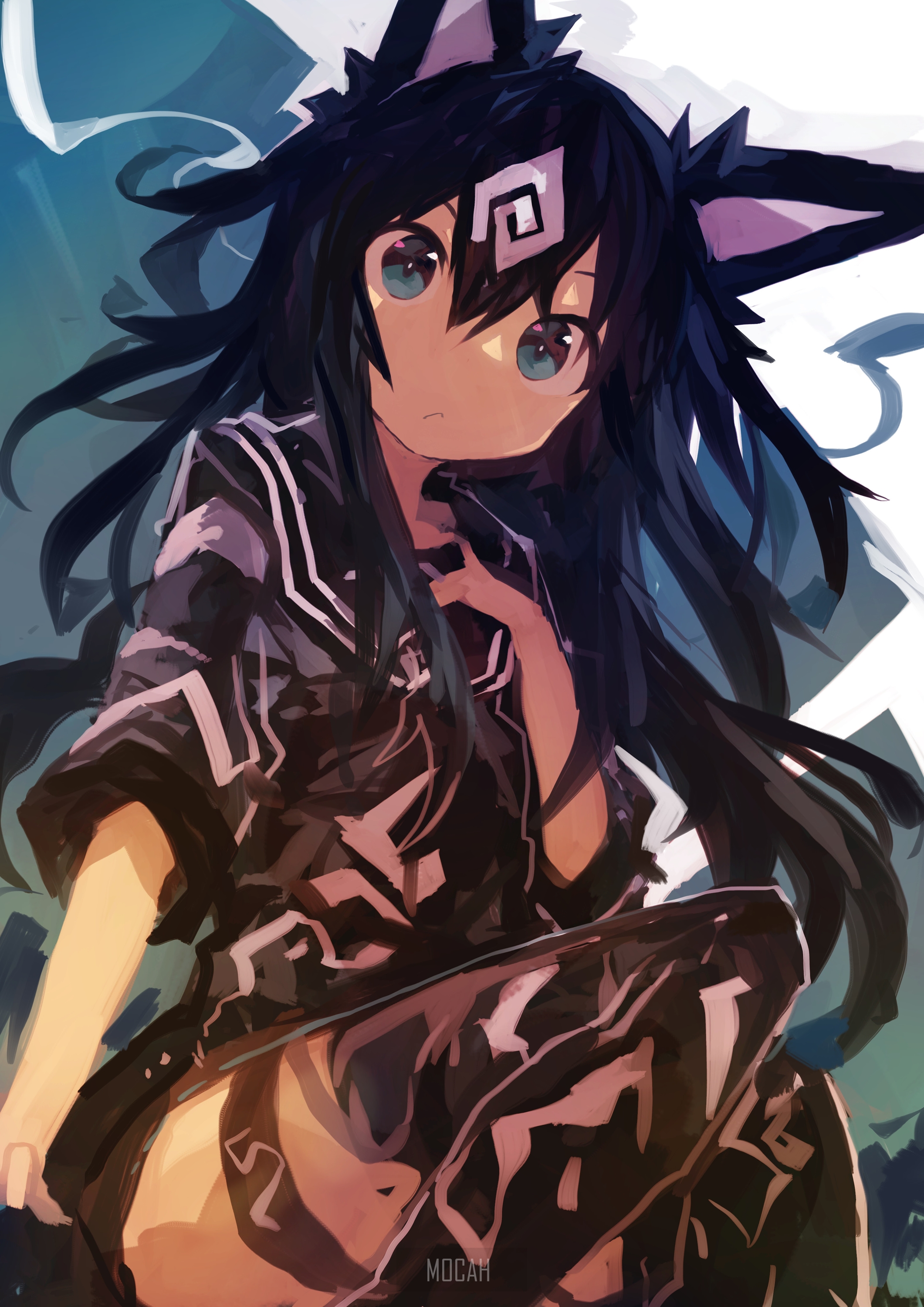 Anime girl with black hair and cat ears HD Phone Wallpaper