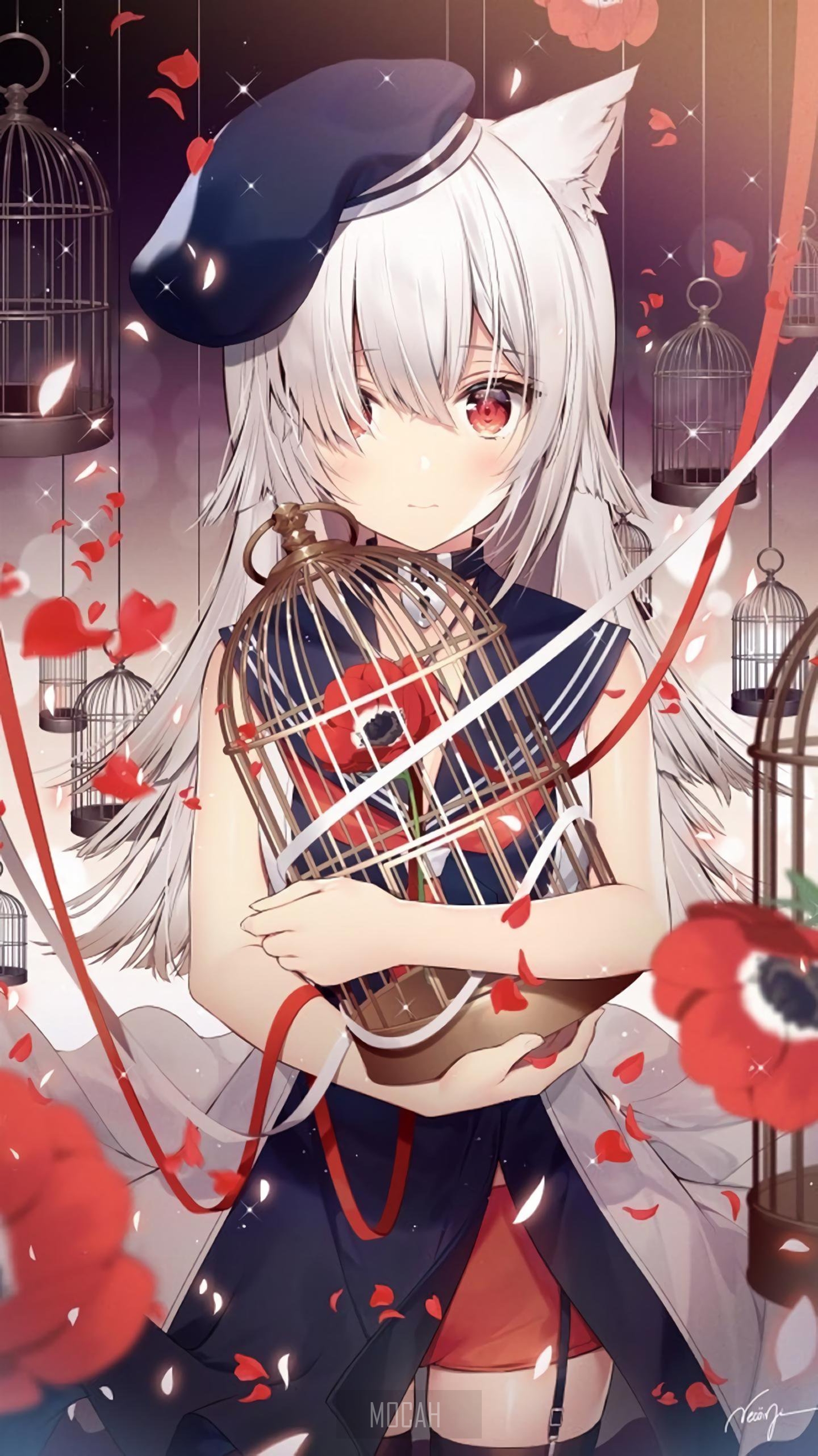 Anime girl with white hair and red eyes holding a birdcage HD Phone Wallpaper
