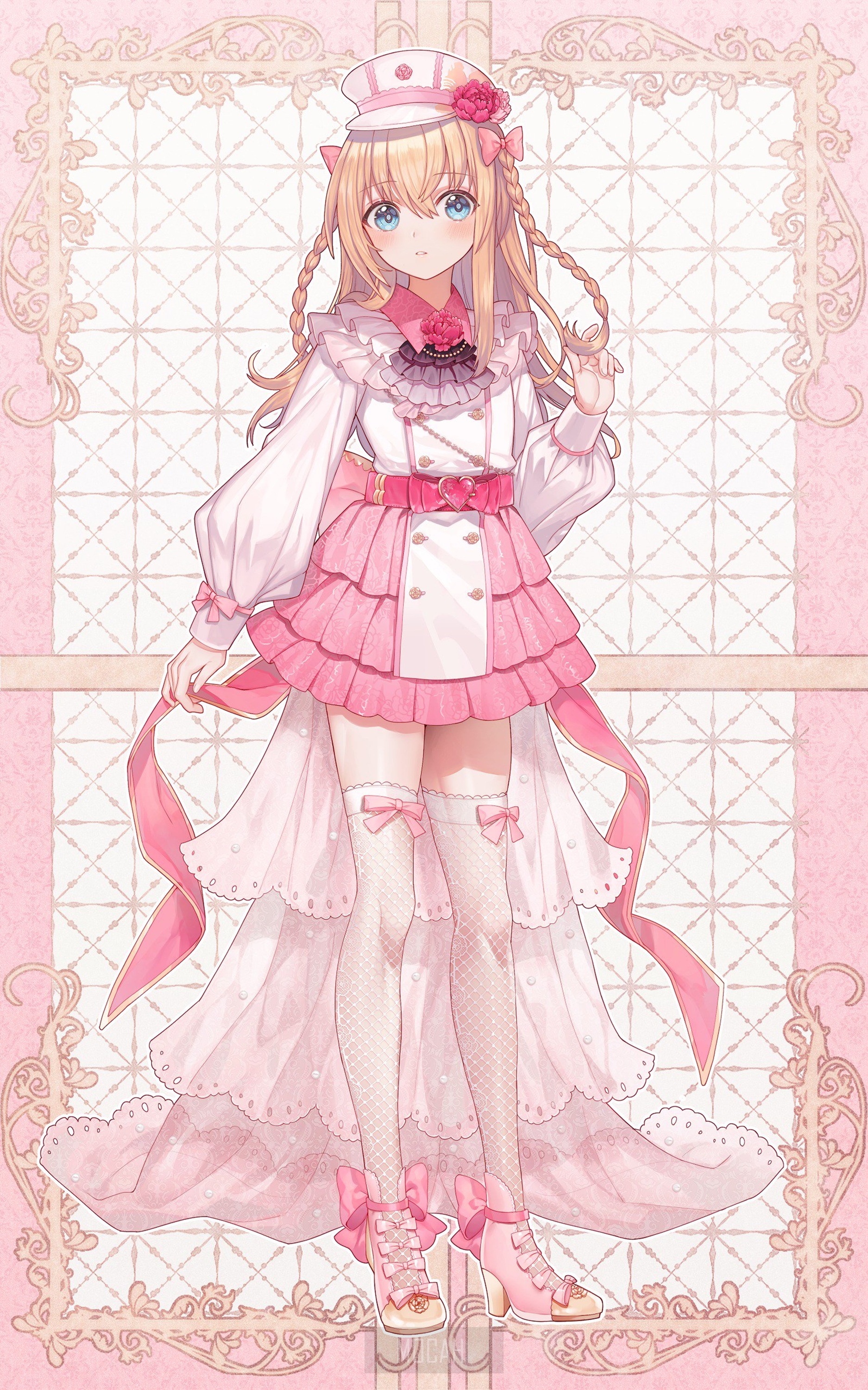 Anime girl in pink dress with braids HD Phone Wallpaper
