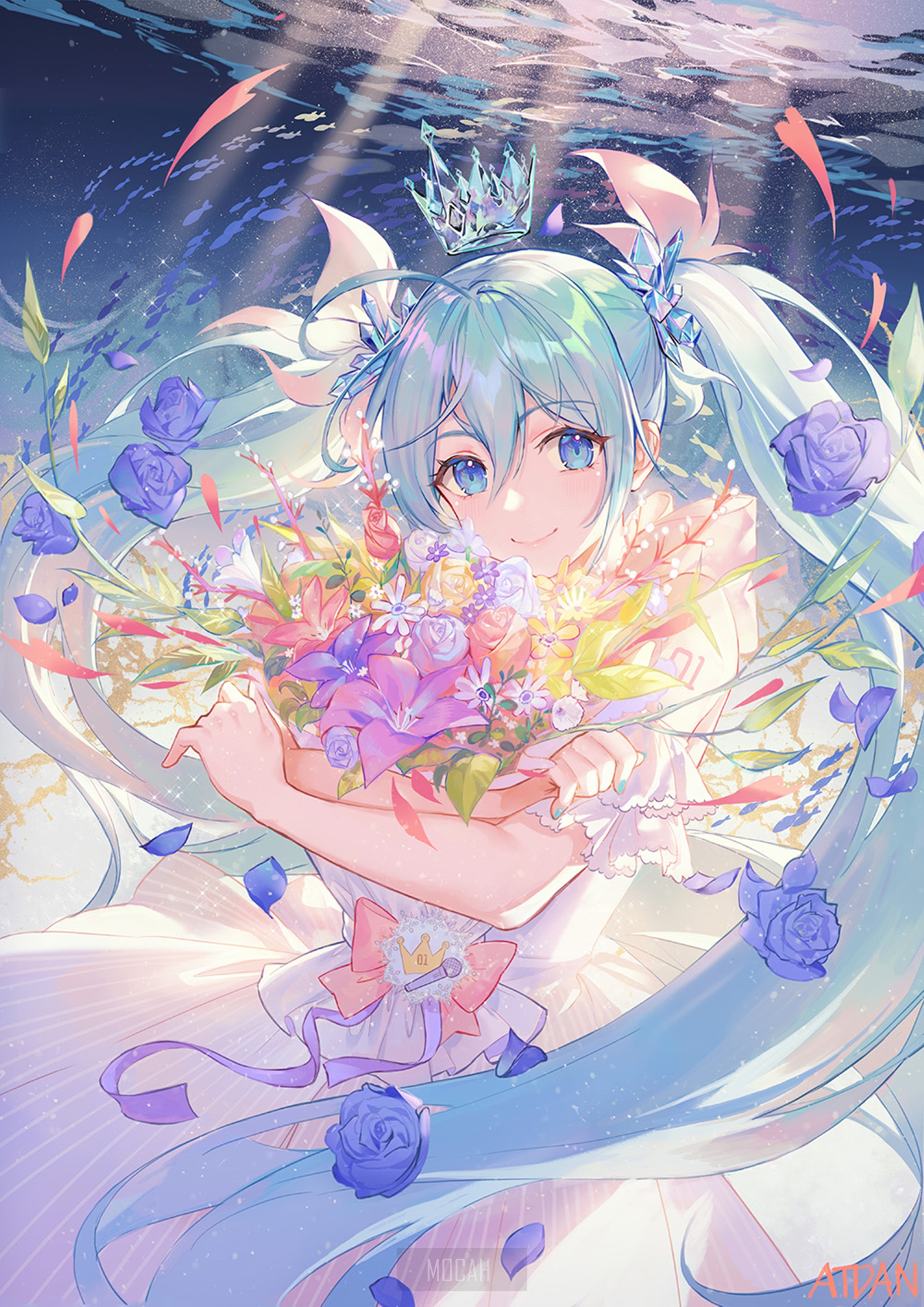 Anime girl with flowers and crown underwater HD Phone Wallpaper