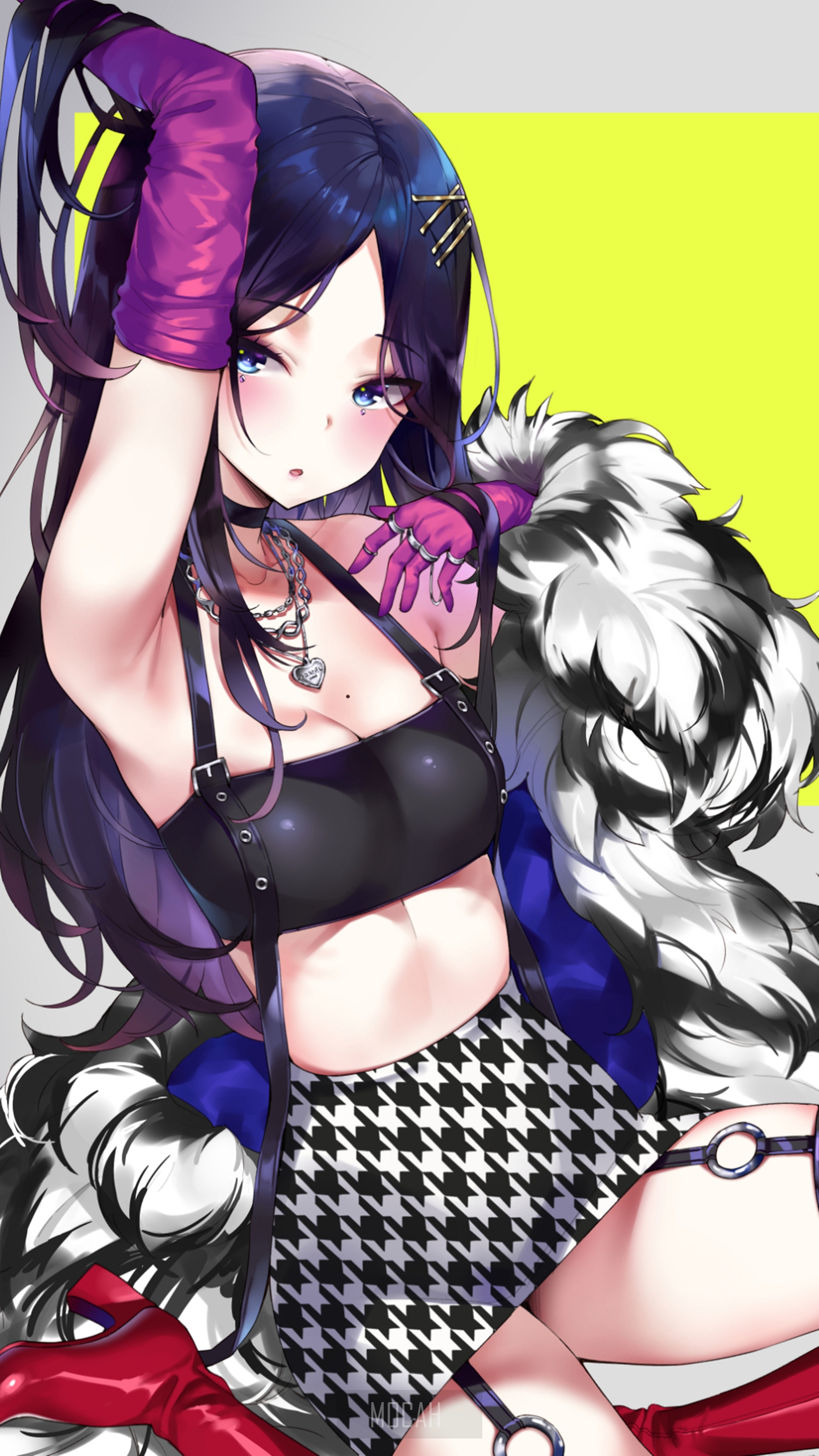 Anime girl with dark hair and purple gloves HD Phone Wallpaper