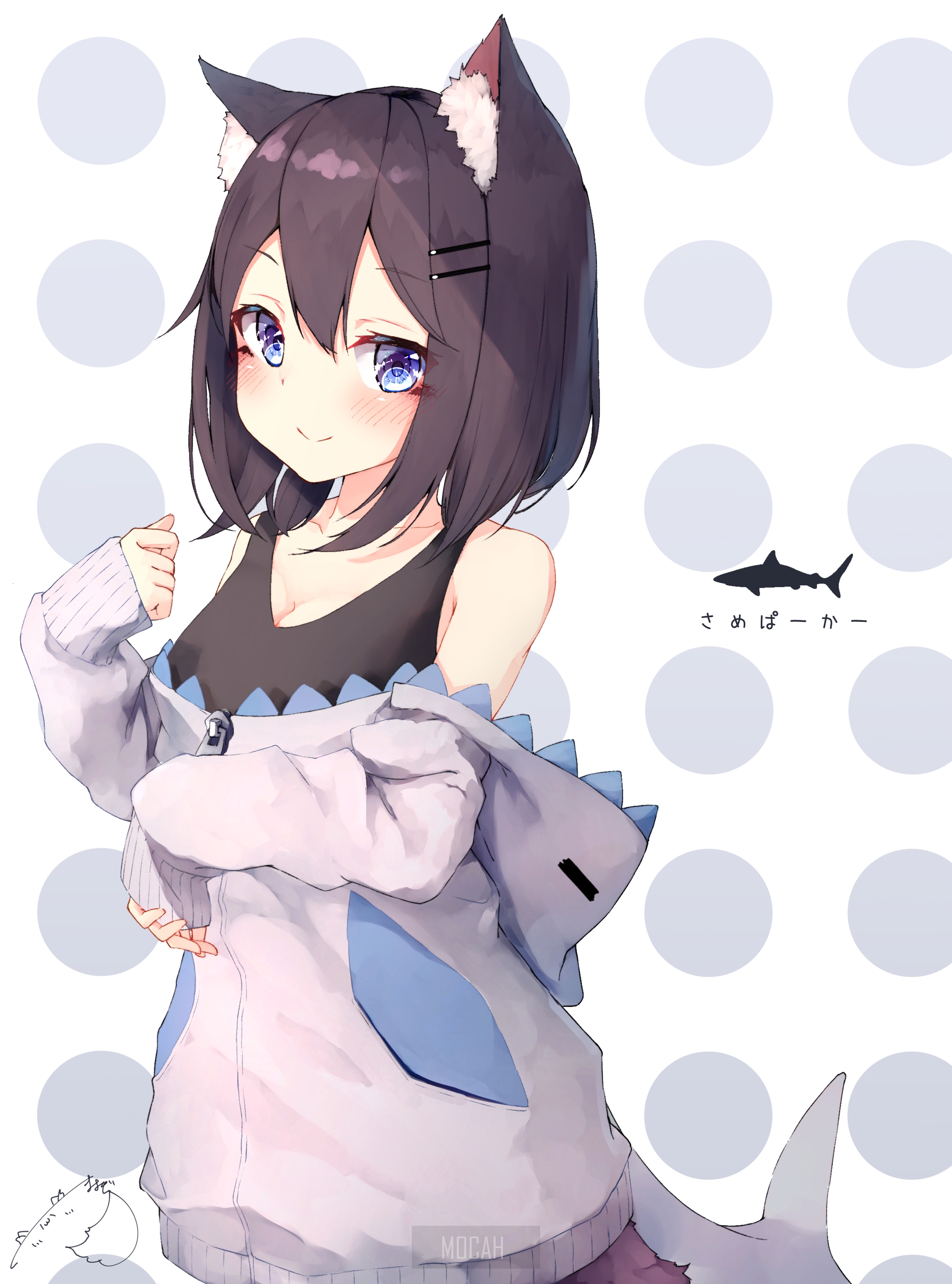 Cute Anime Girl with Cat Ears and Shark Hoodie HD Phone Wallpaper