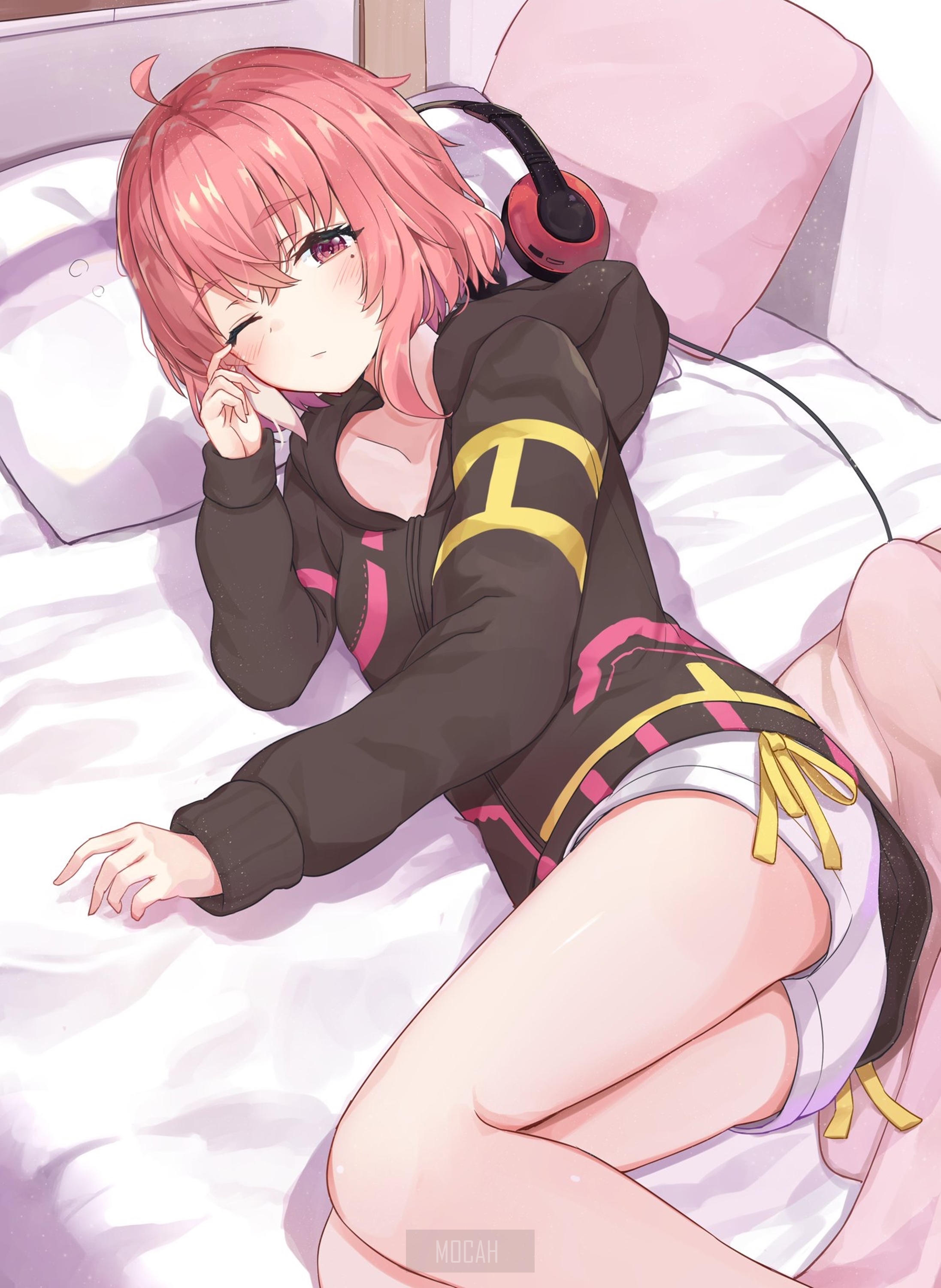 Anime girl with pink hair lying on a bed HD Phone Wallpaper