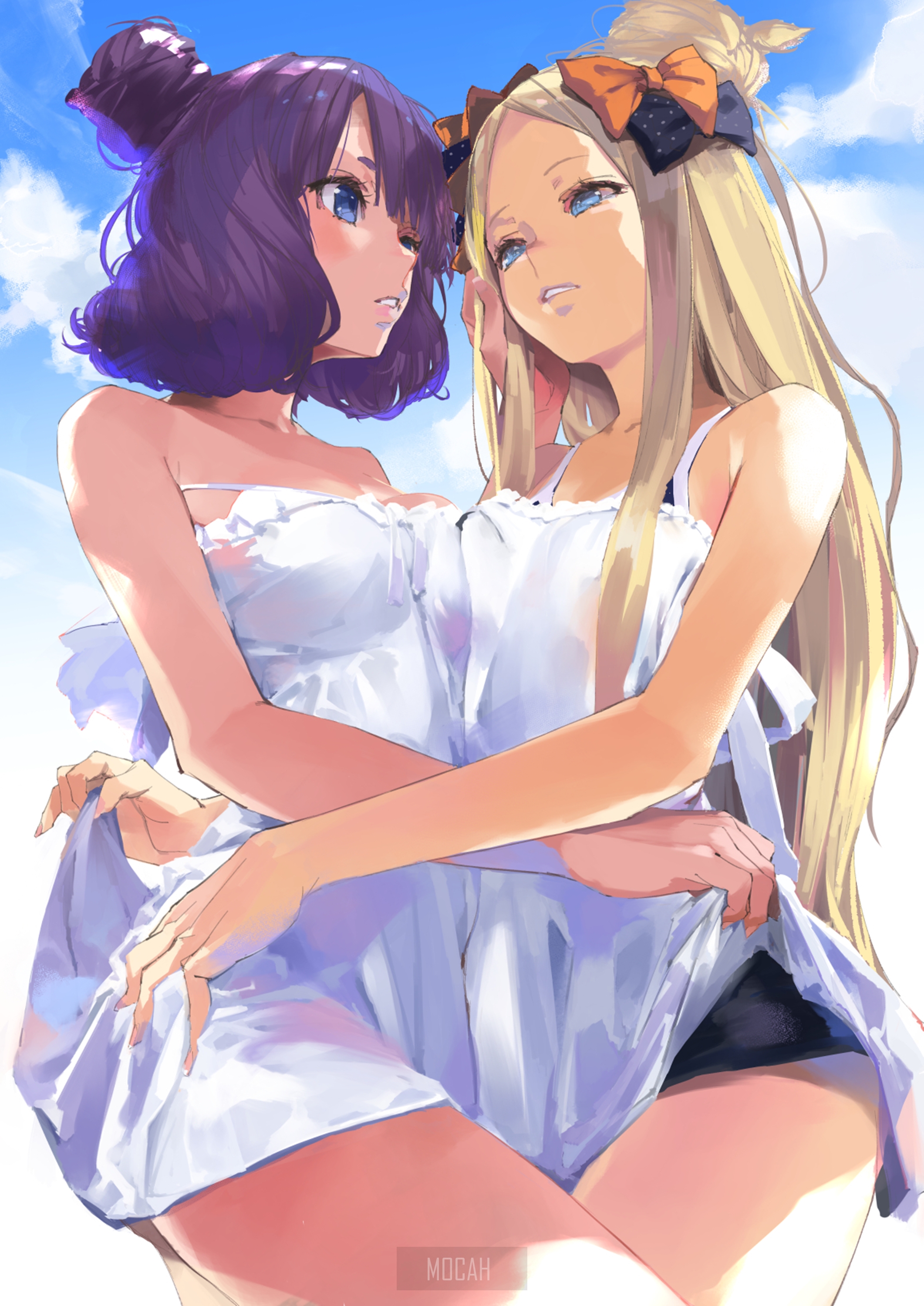 Two anime girls in white dresses under a blue sky HD Phone Wallpaper