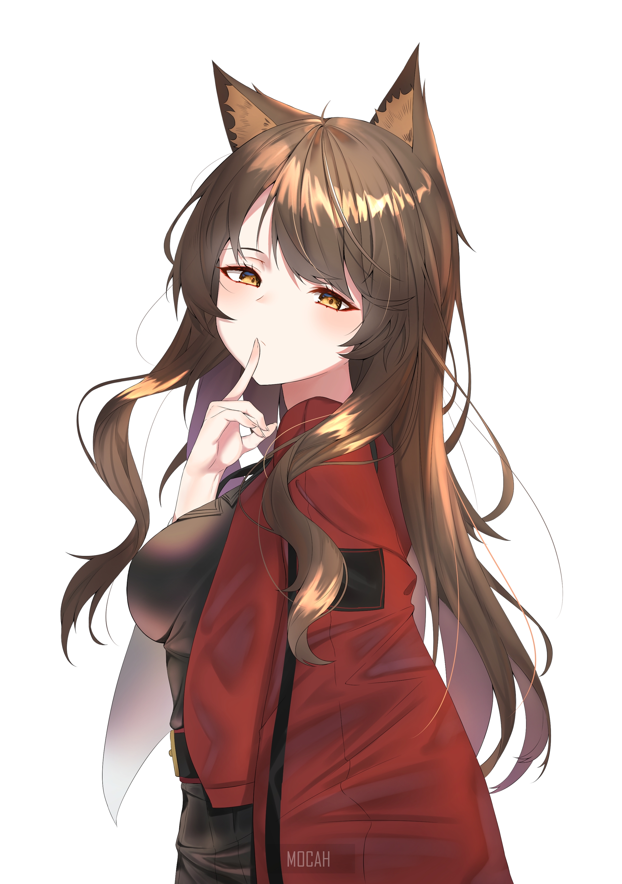 Anime girl with fox ears and red jacket HD Phone Wallpaper