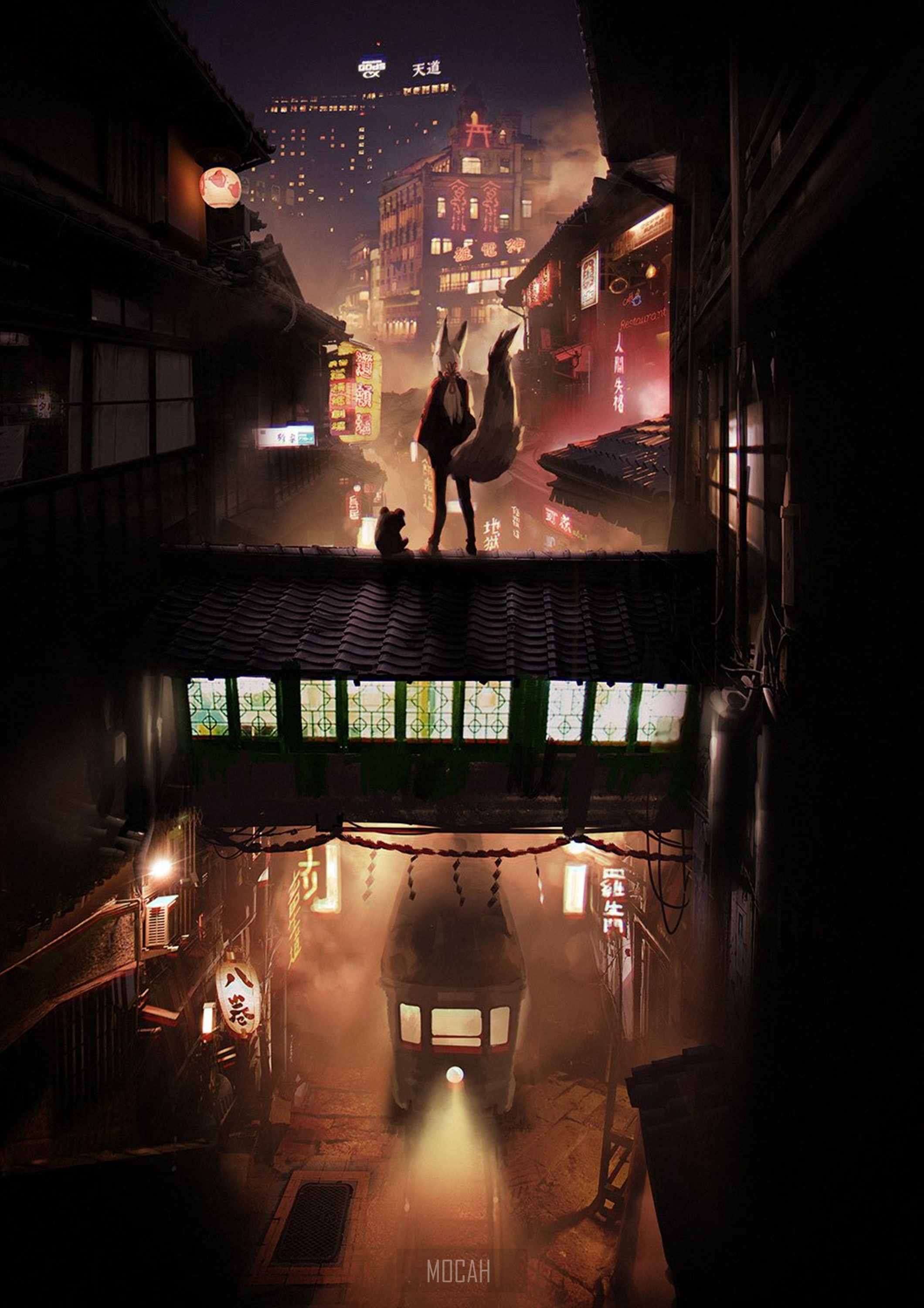 Anime girl with fox tail and cat in a Japanese city at night HD Phone Wallpaper