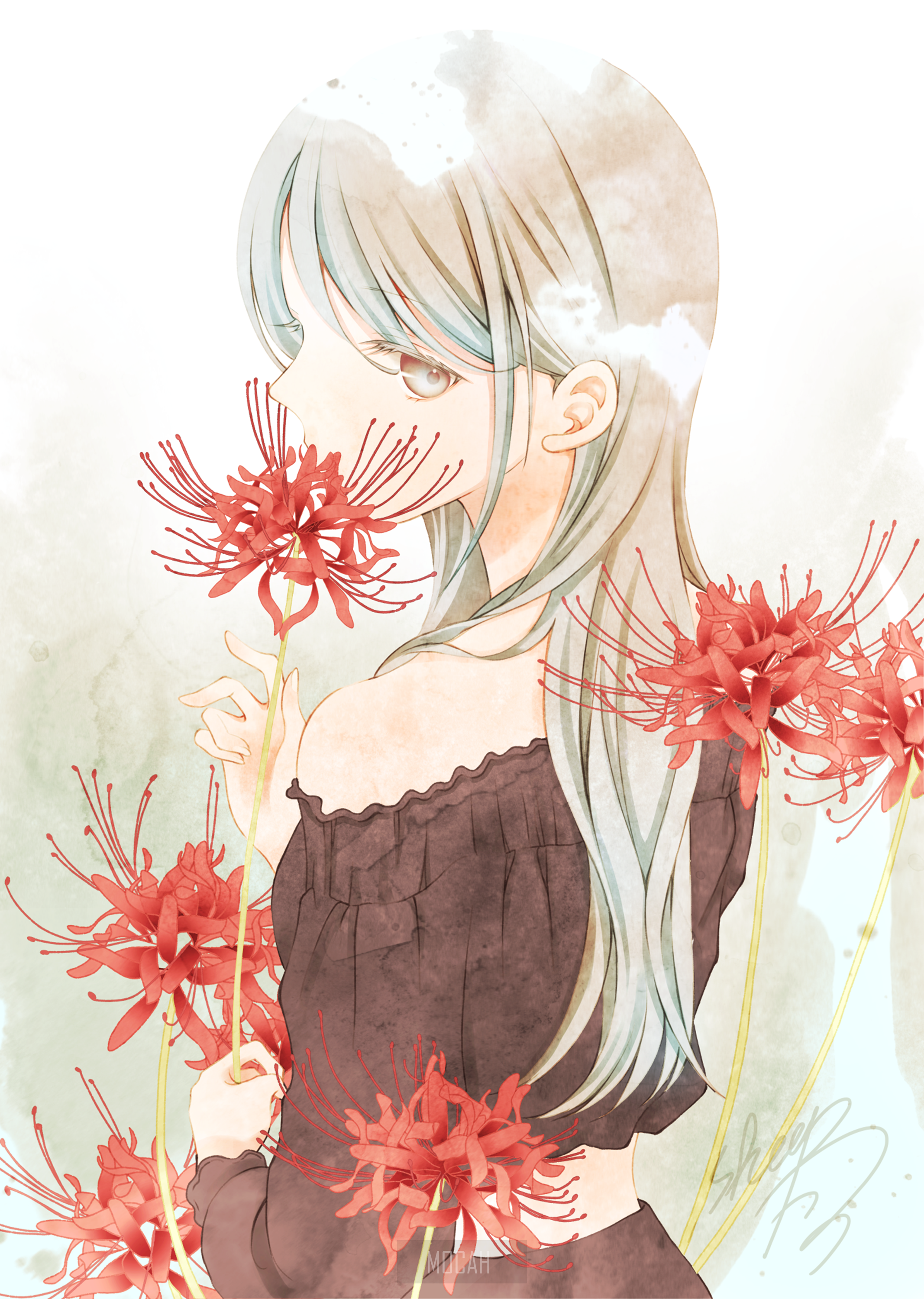 Anime girl with red spider lilies HD Phone Wallpaper