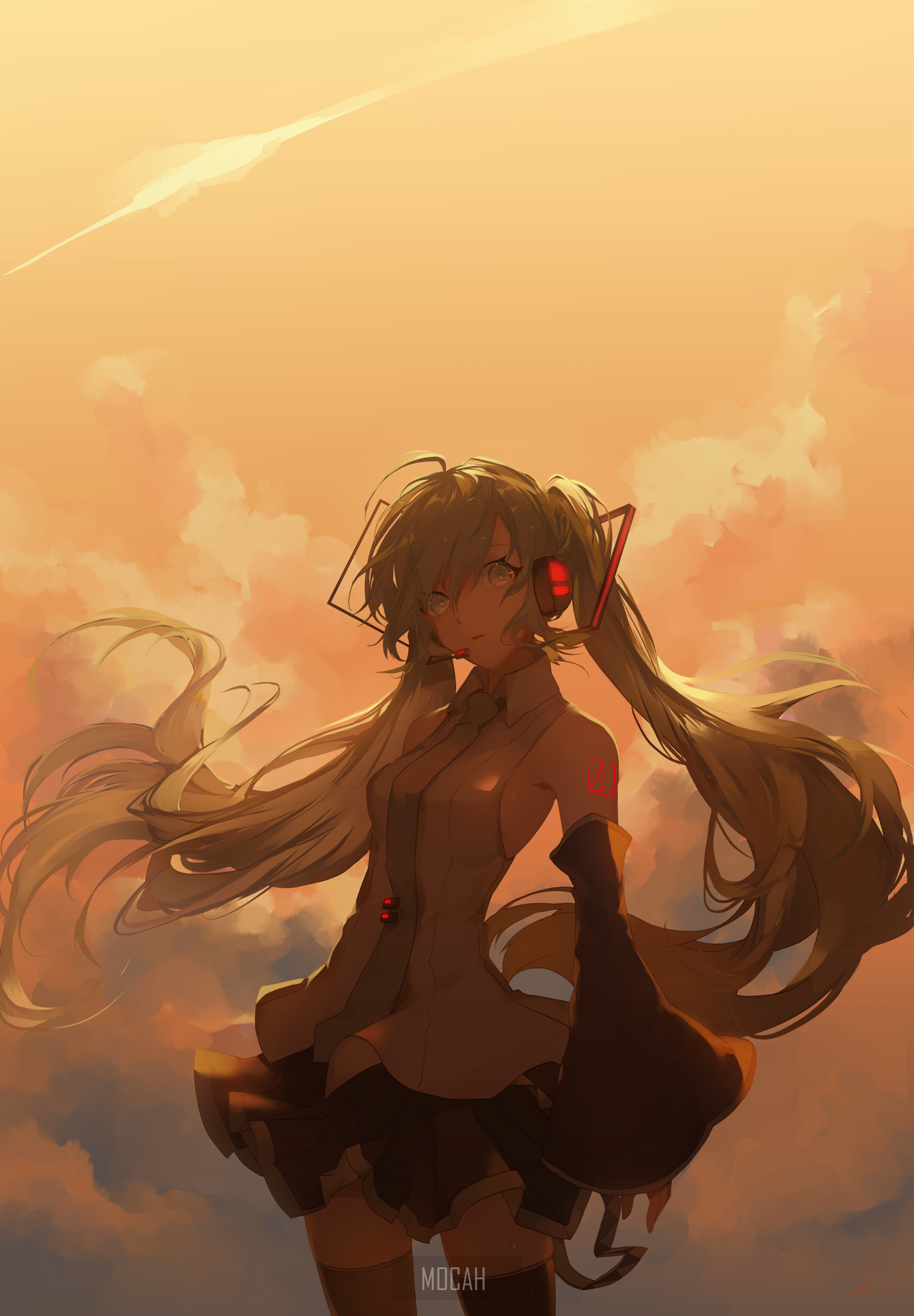 Hatsune Miku from Vocaloid in sunset sky HD Phone Wallpaper