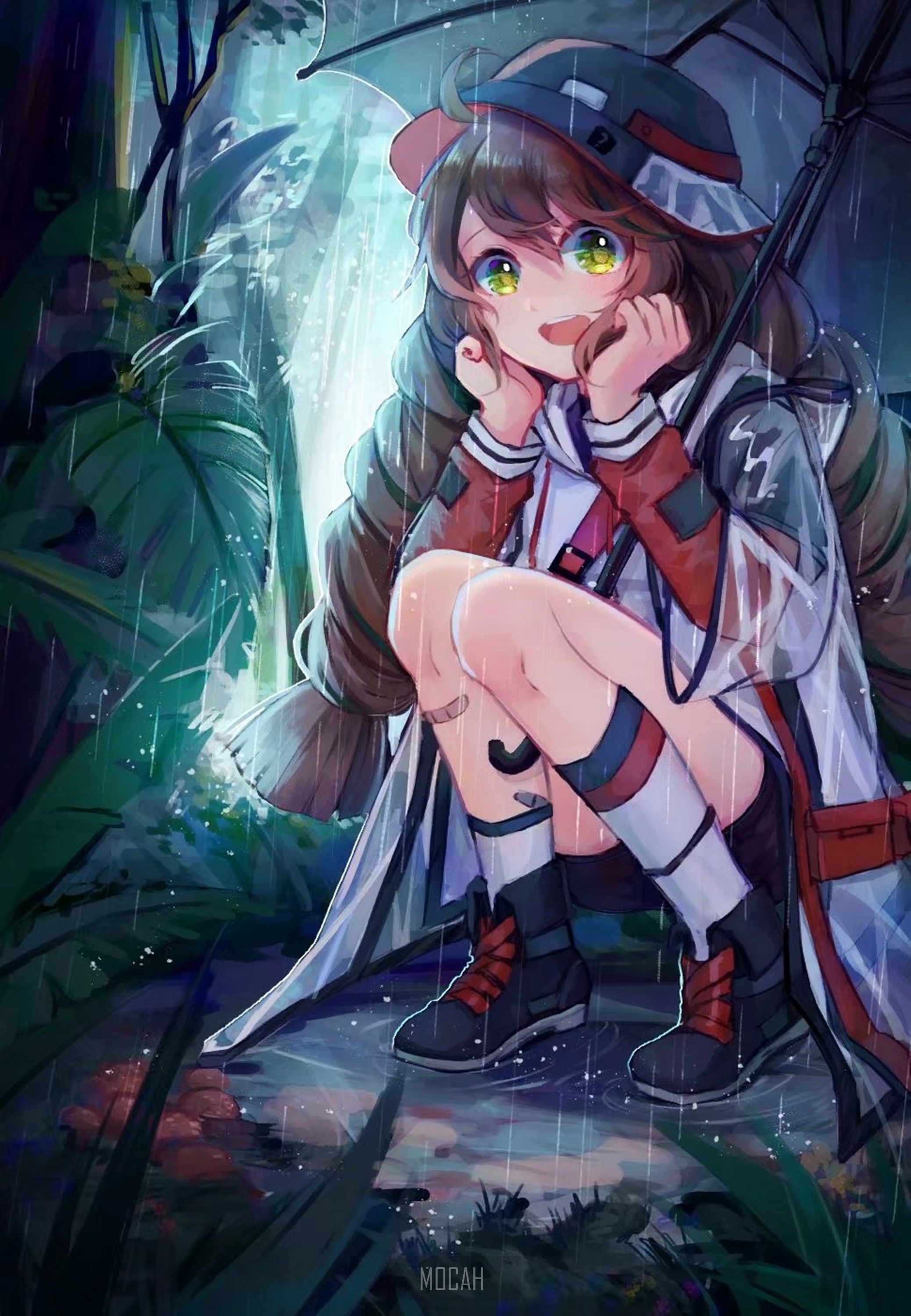 Anime girl with umbrella in the rain HD Phone Wallpaper