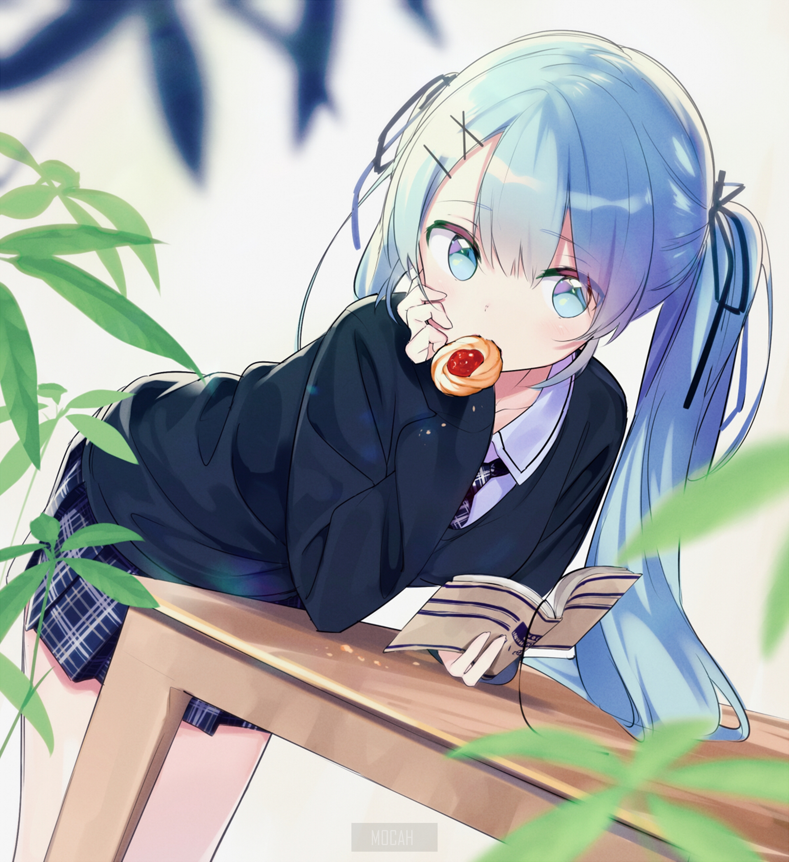 Anime girl with blue hair eating a cookie HD Phone Wallpaper