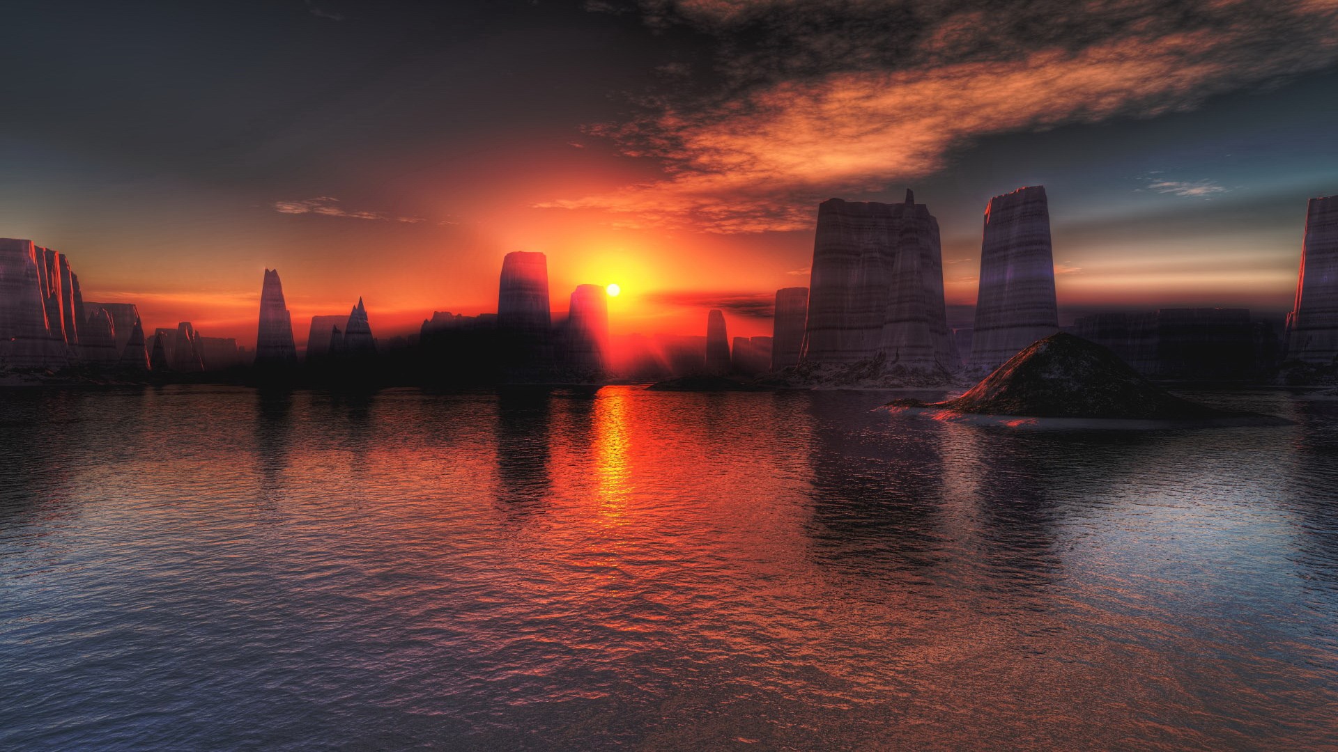 Sunset over a desert canyon with a lake HD Wallpaper