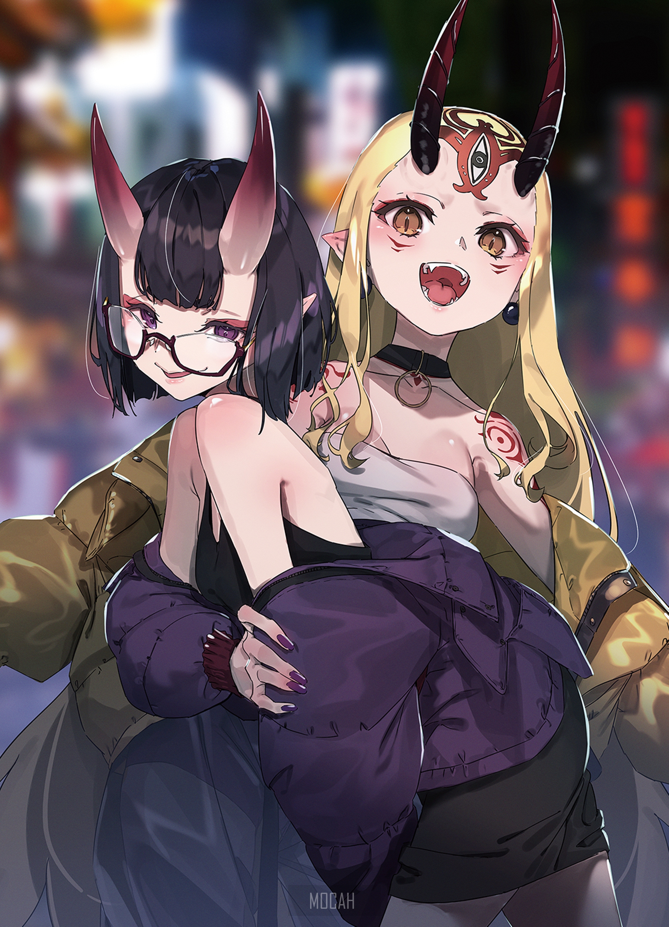 Two anime girls with horns in a city at night HD Phone Wallpaper
