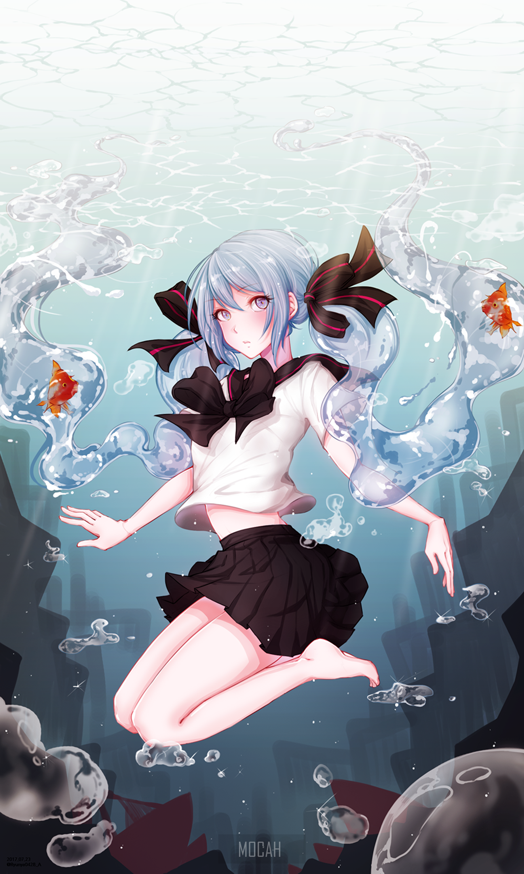 Anime girl with pigtails underwater with goldfish HD Phone Wallpaper