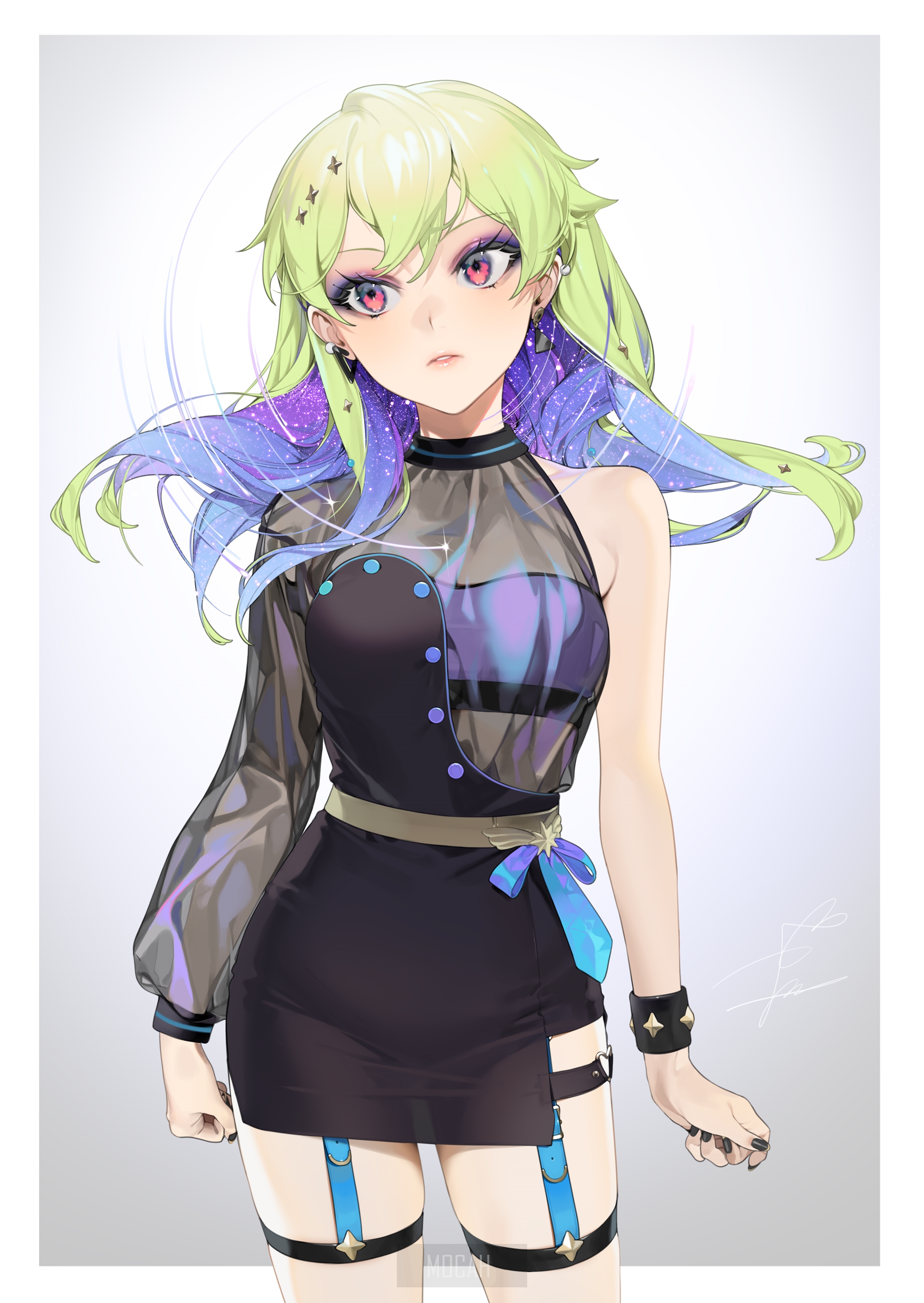 Anime girl with green and purple hair HD Phone Wallpaper