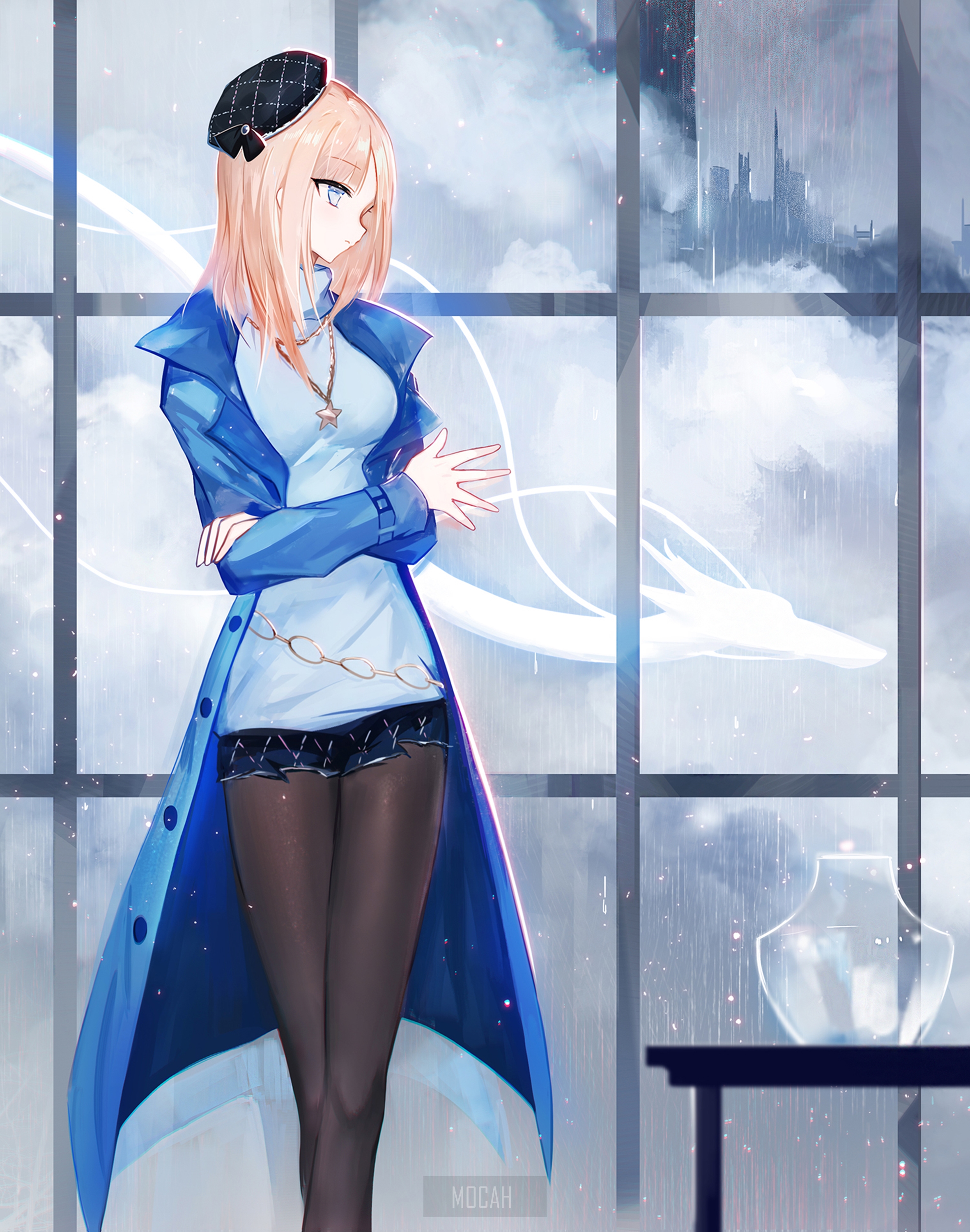Anime girl in blue coat looking out window HD Phone Wallpaper