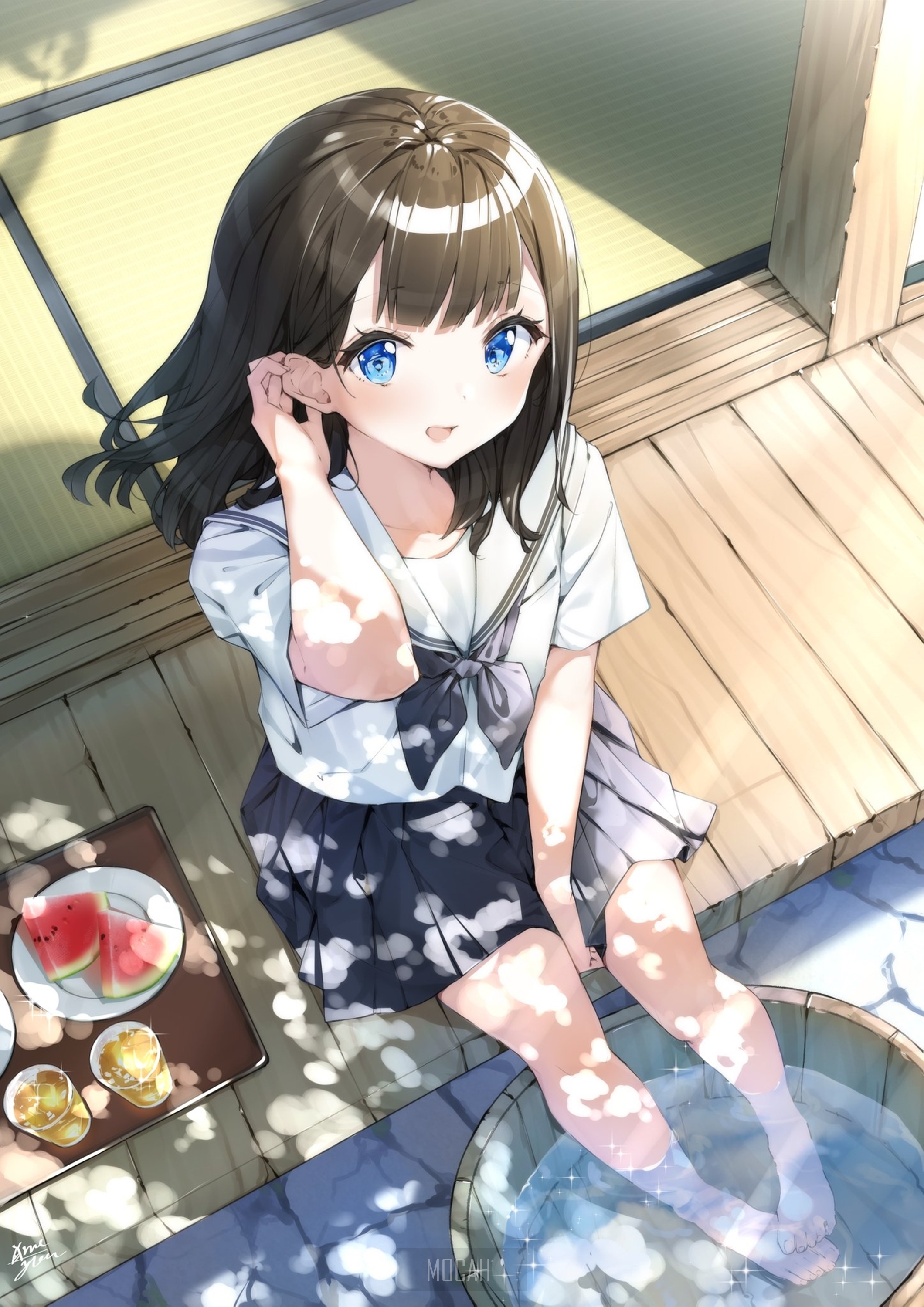 Anime girl with blue eyes in a school uniform dipping her feet in water HD Phone Wallpaper