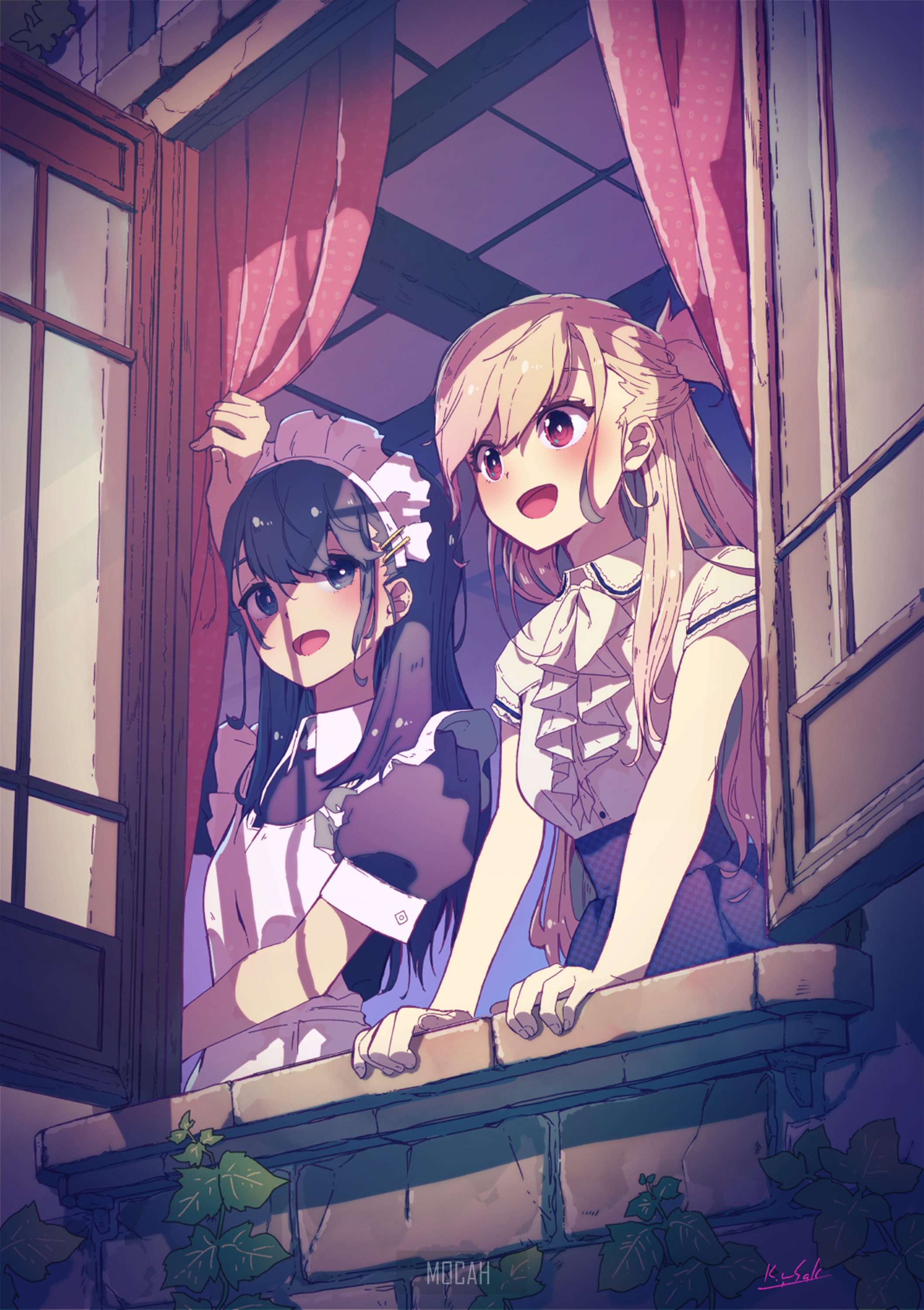 Two anime girls looking out a window HD Phone Wallpaper