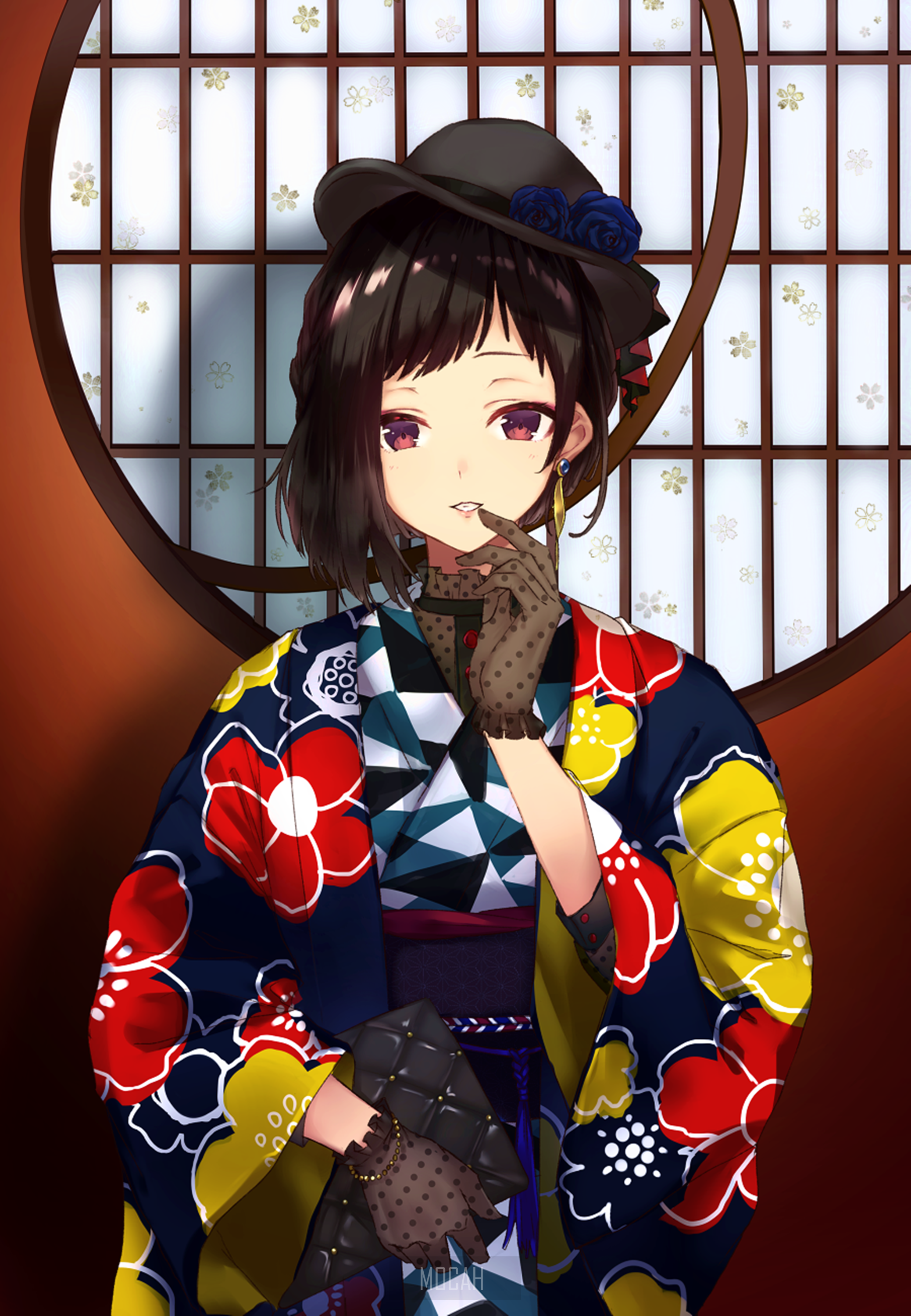 Anime girl in kimono and hat HD Phone Wallpaper