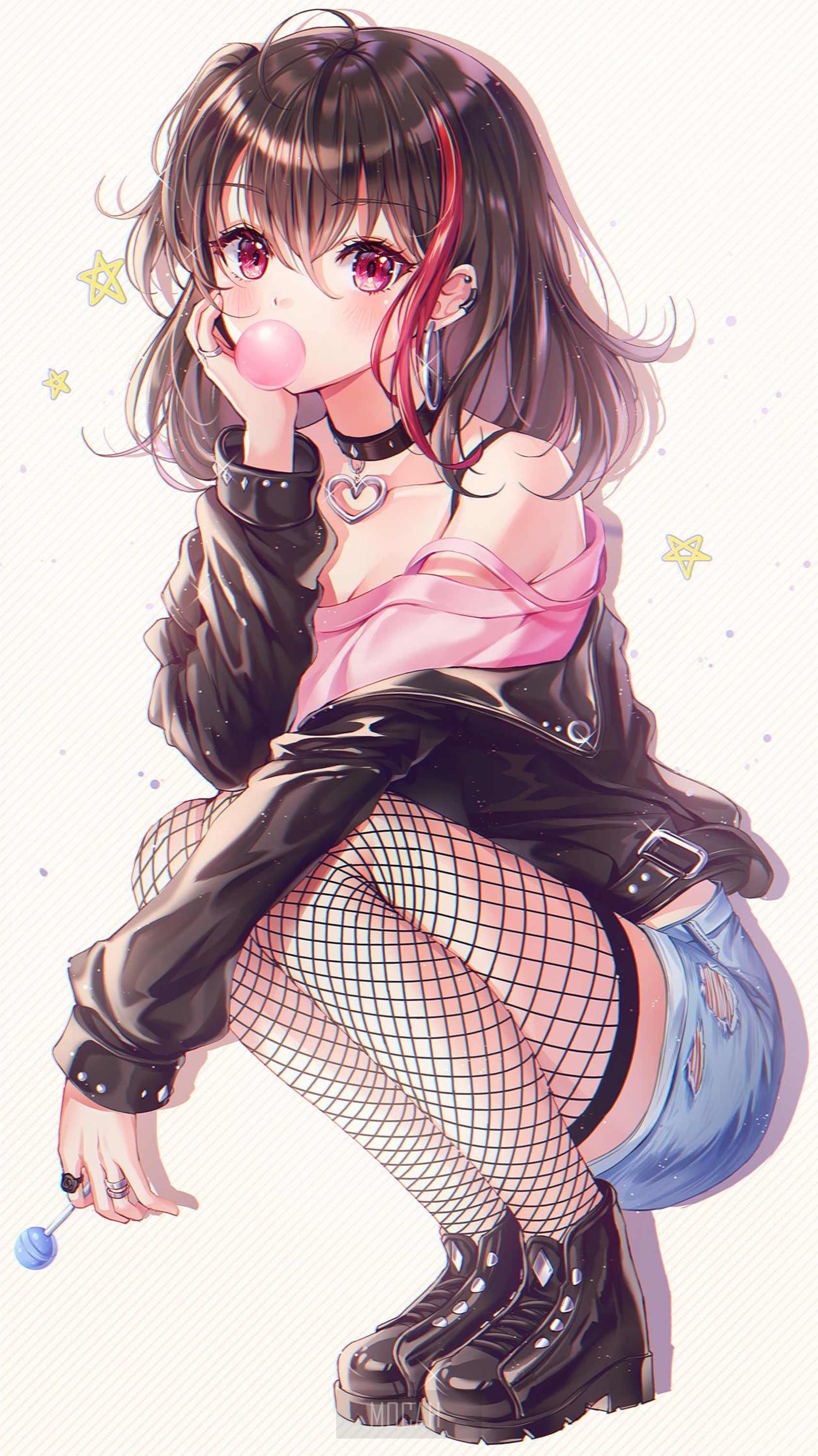 Anime girl with pink bubblegum and lollipop HD Phone Wallpaper