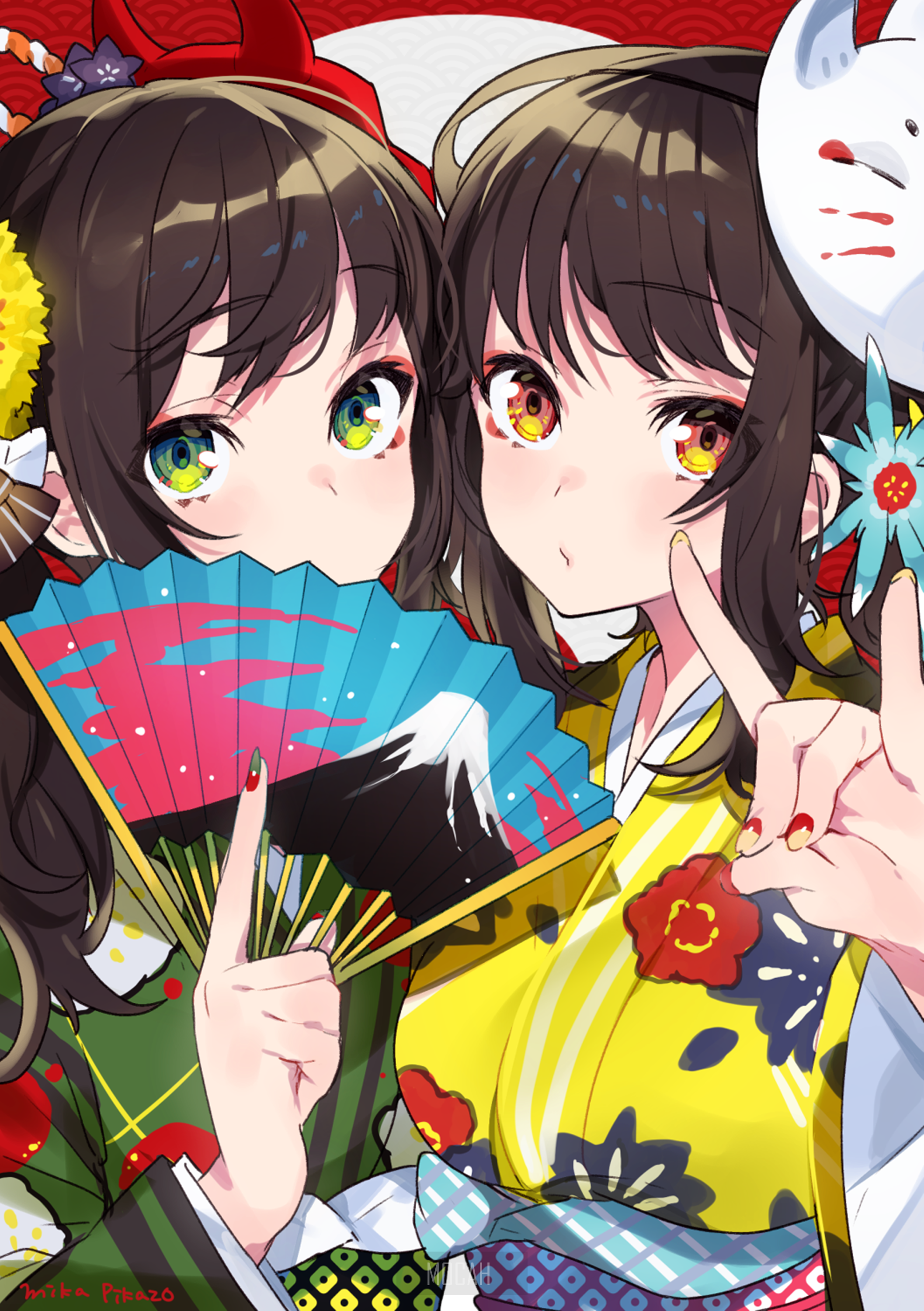 Two anime girls in kimonos with fans and masks HD Phone Wallpaper