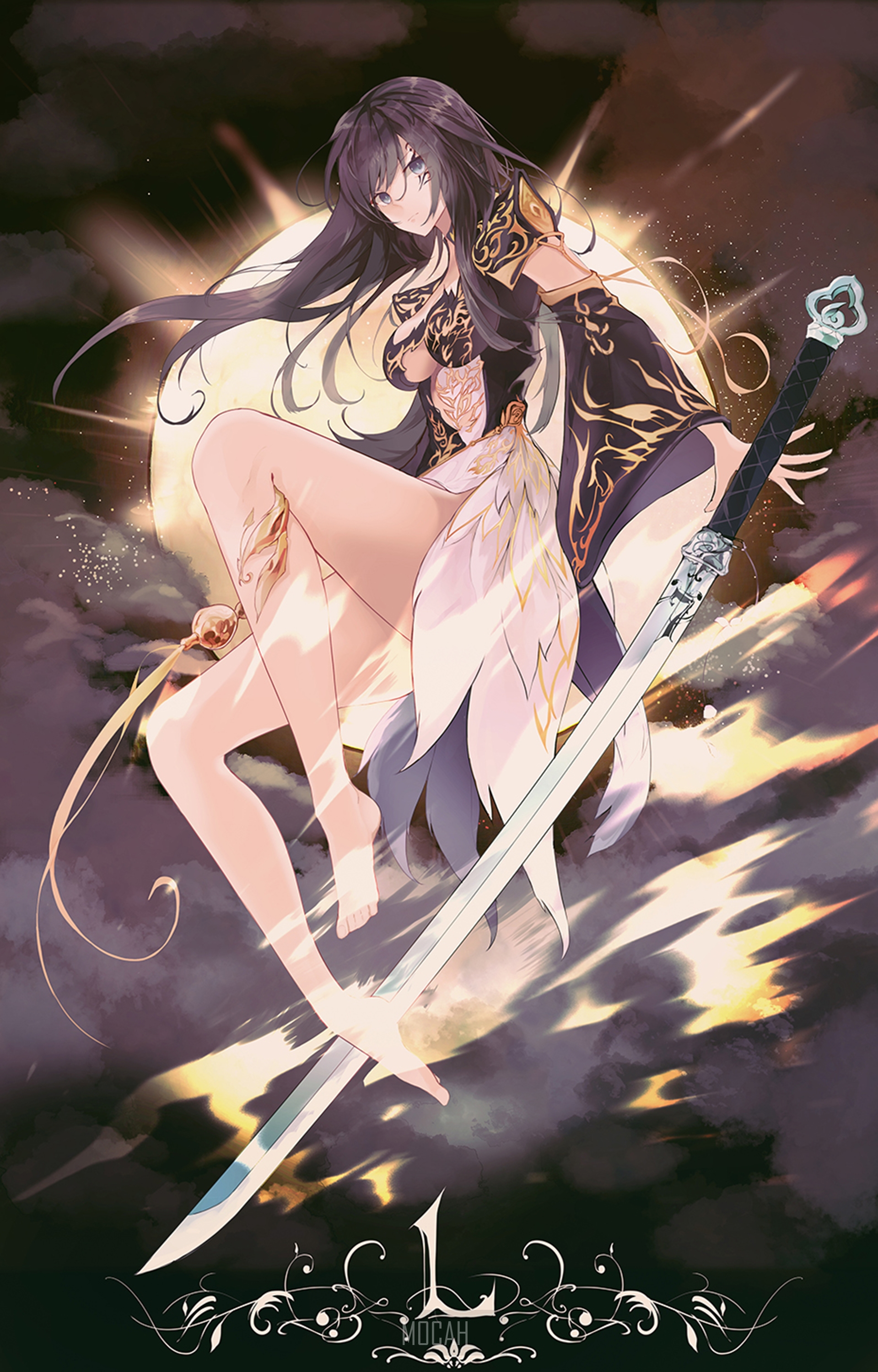 Anime girl with sword and moon HD Phone Wallpaper