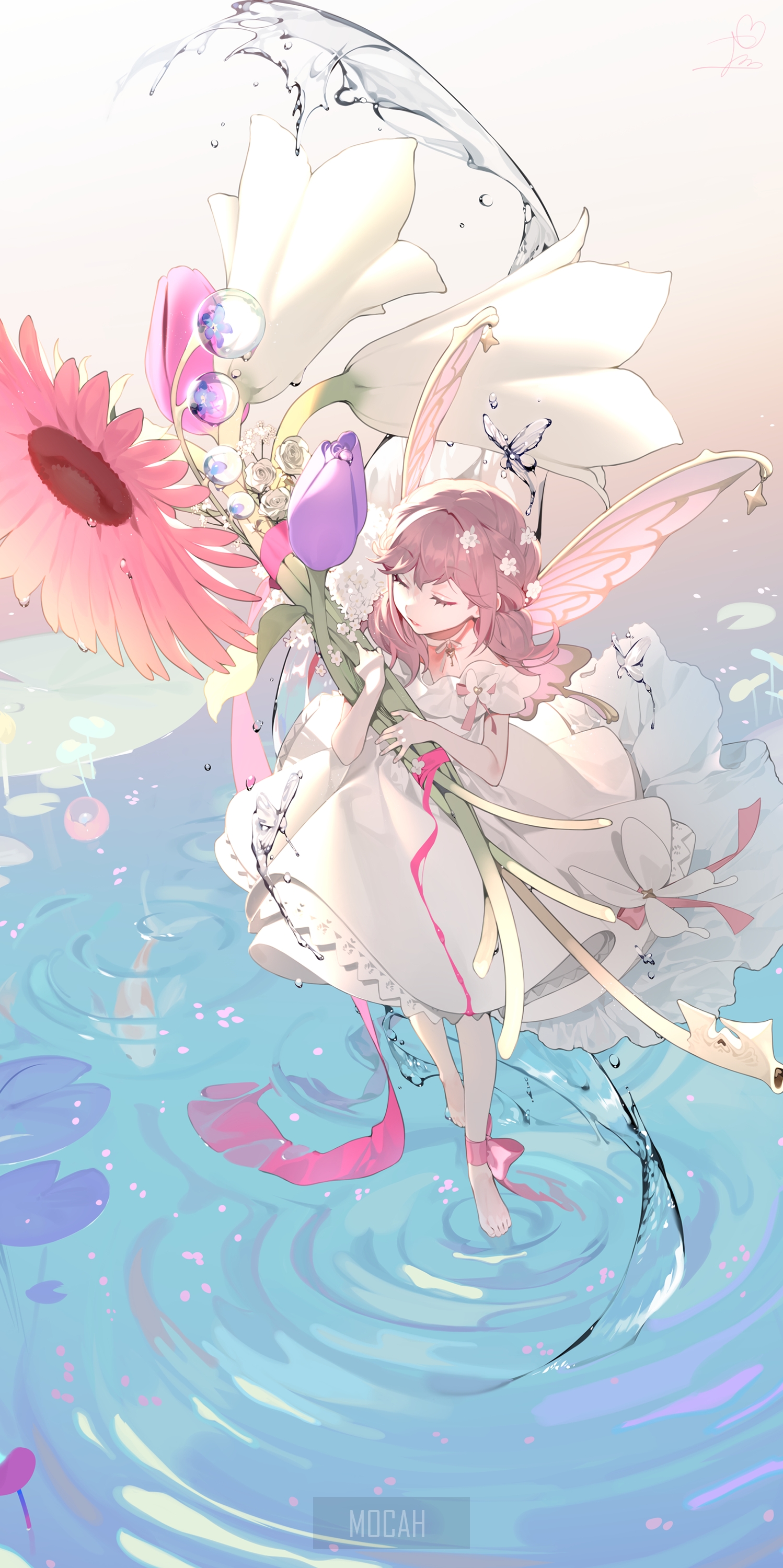 Anime girl with flowers in water HD Phone Wallpaper