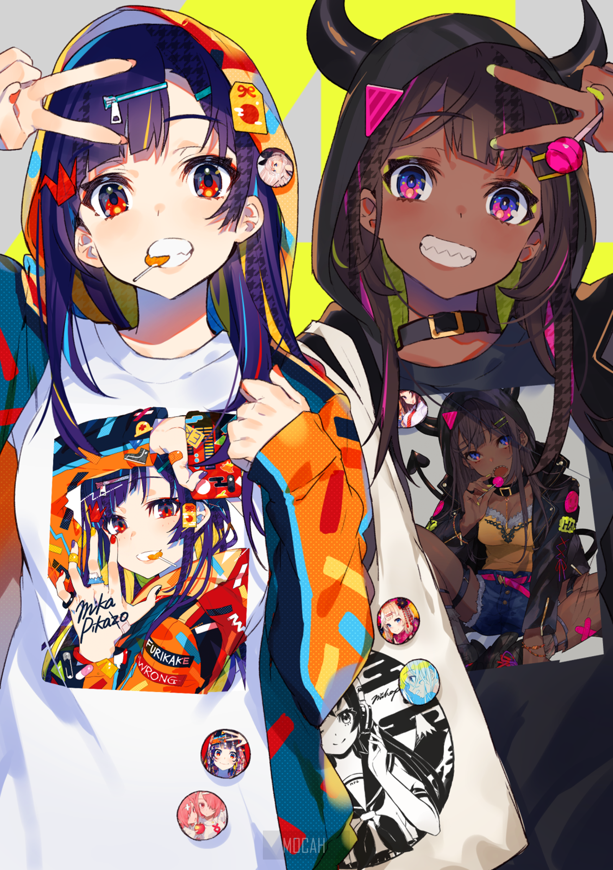 Two anime girls with lollipops and colorful outfits HD Phone Wallpaper