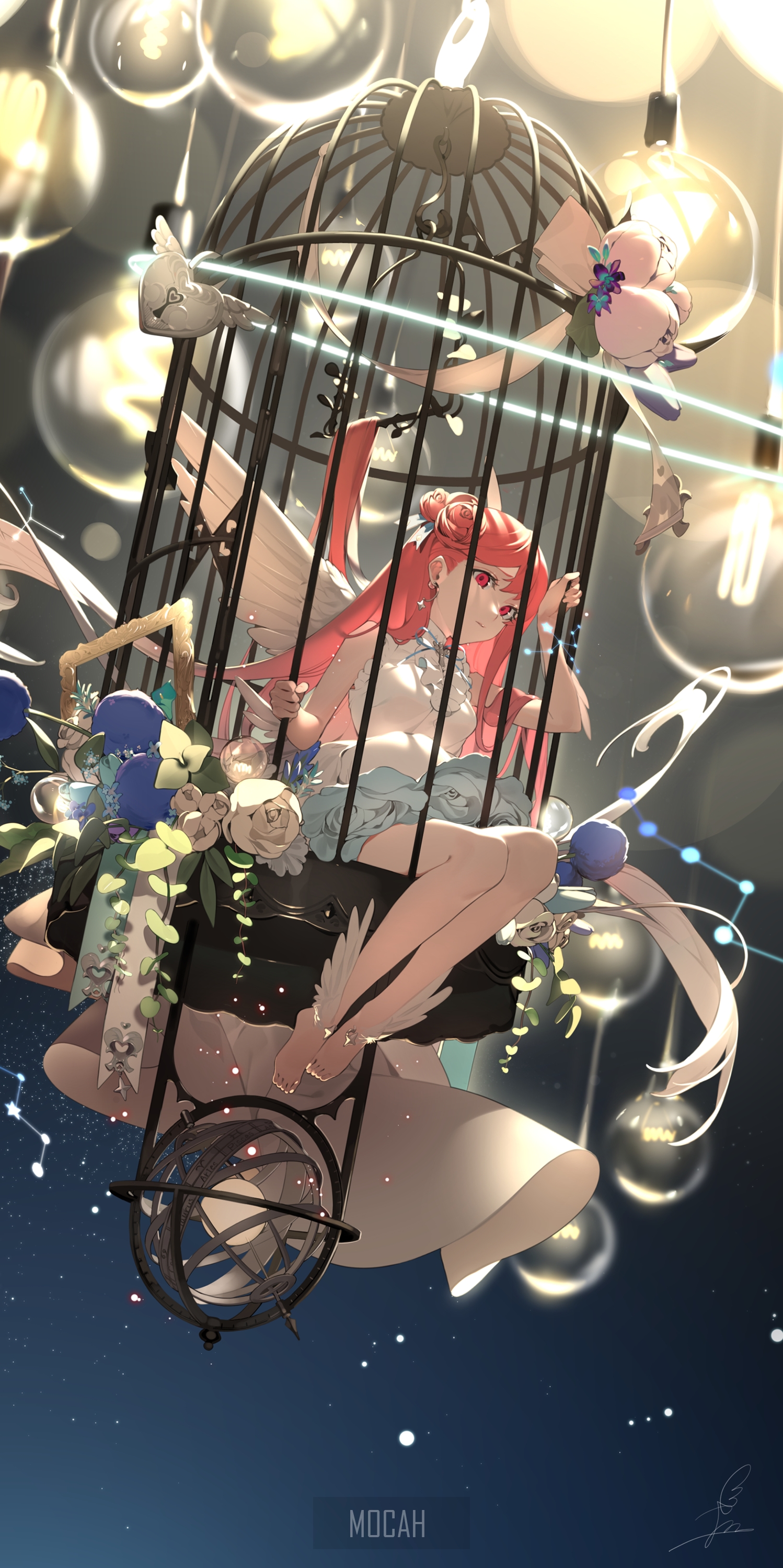 Anime girl with wings in a birdcage HD Phone Wallpaper