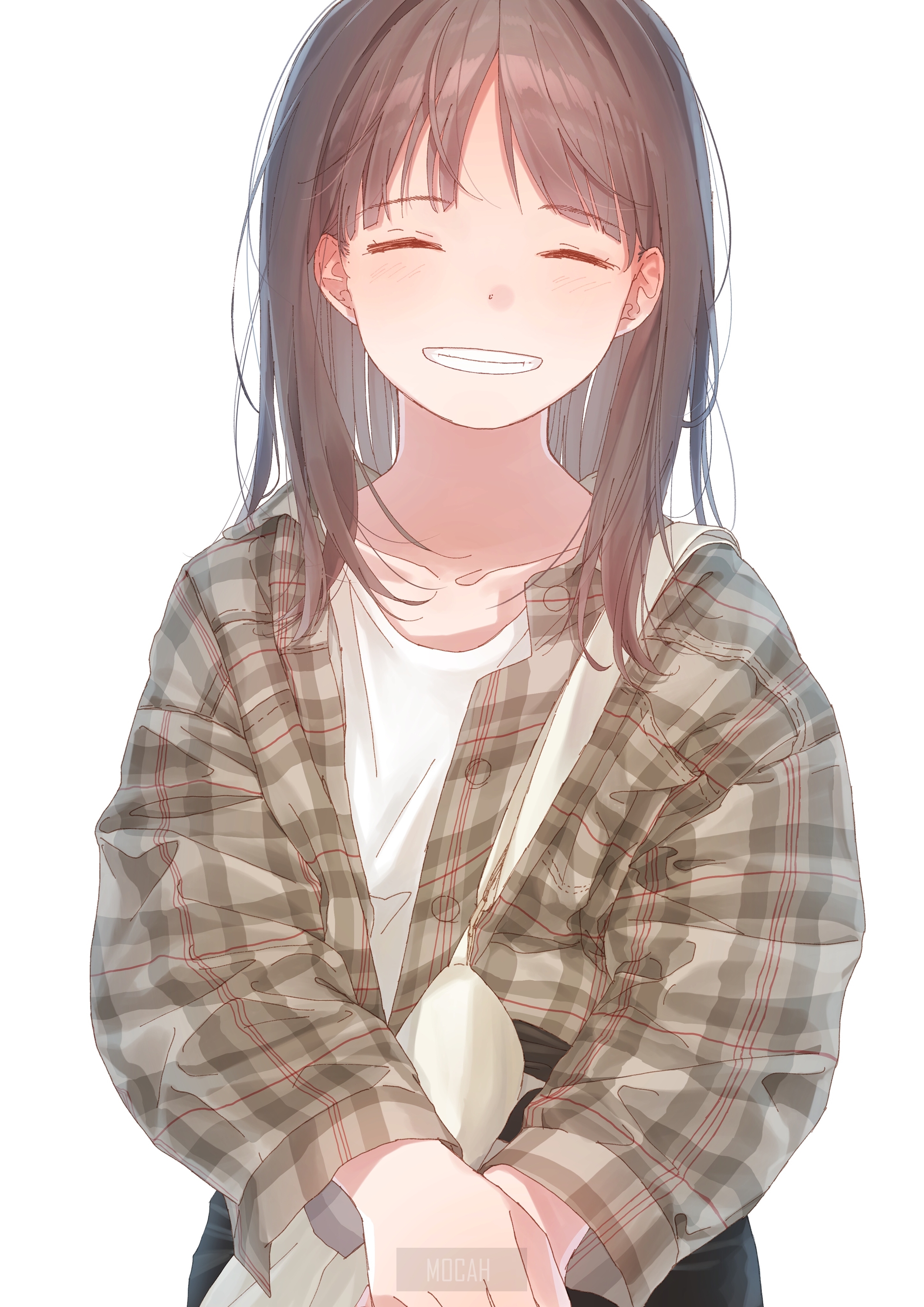 Anime girl with brown hair smiling HD Phone Wallpaper