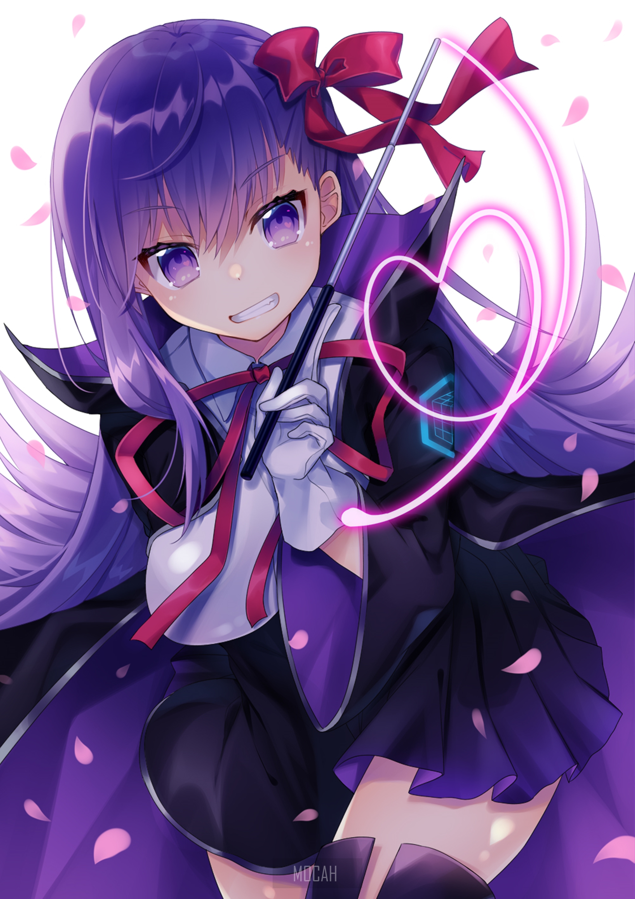 Anime girl with purple hair and magic wand HD Phone Wallpaper