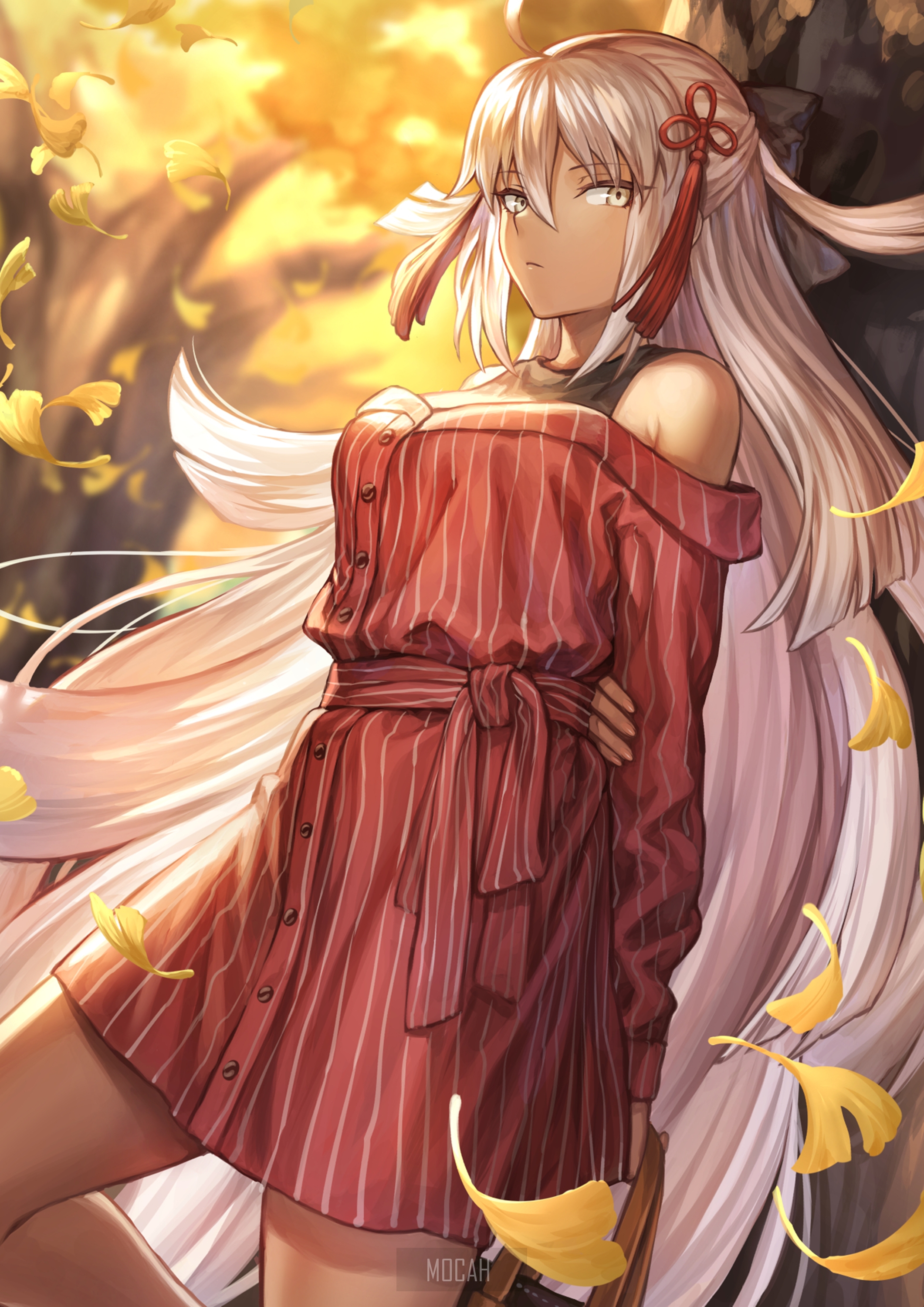 Anime girl with white hair and red dress HD Phone Wallpaper