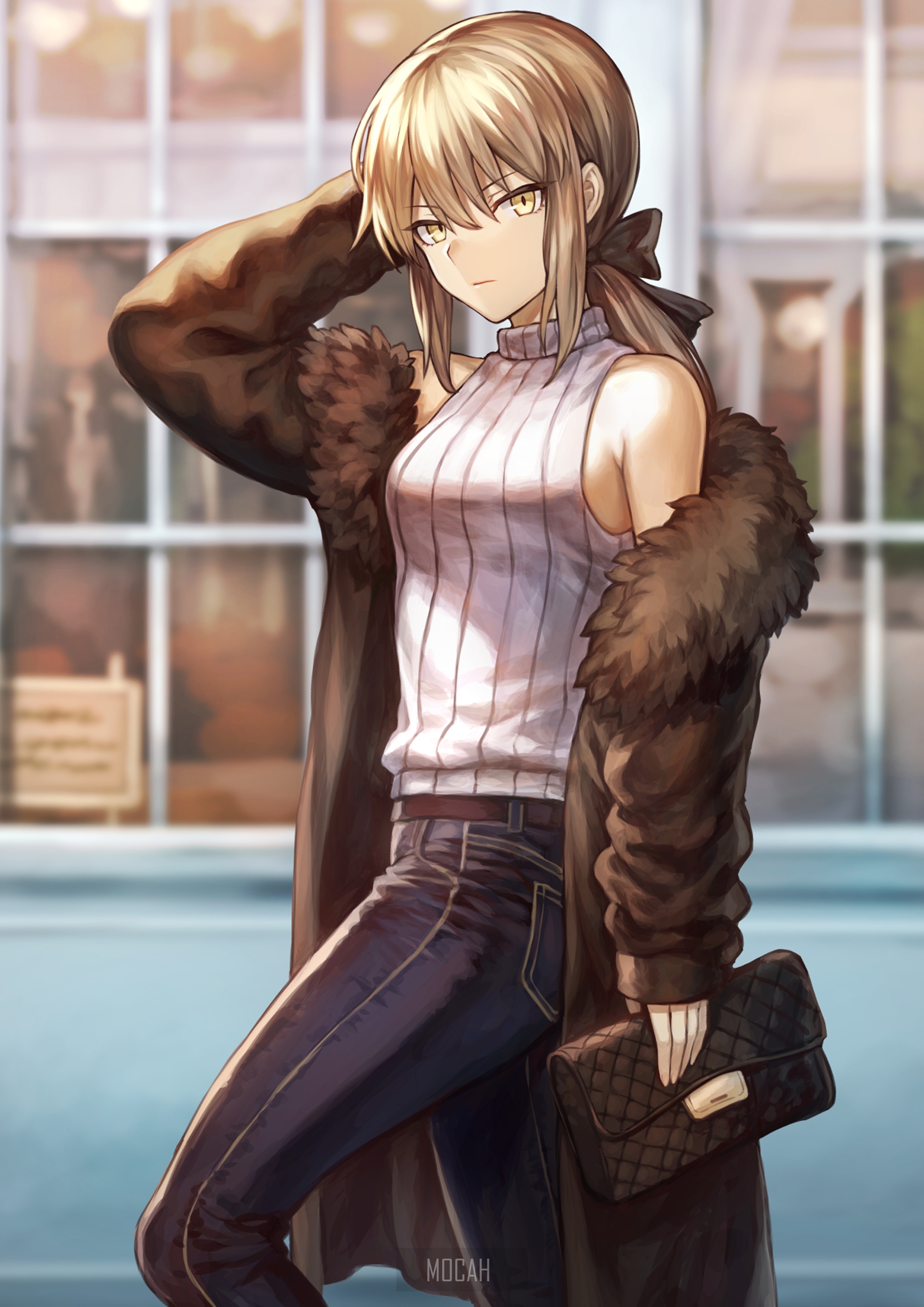 Anime girl in stylish winter outfit holding a purse HD Phone Wallpaper