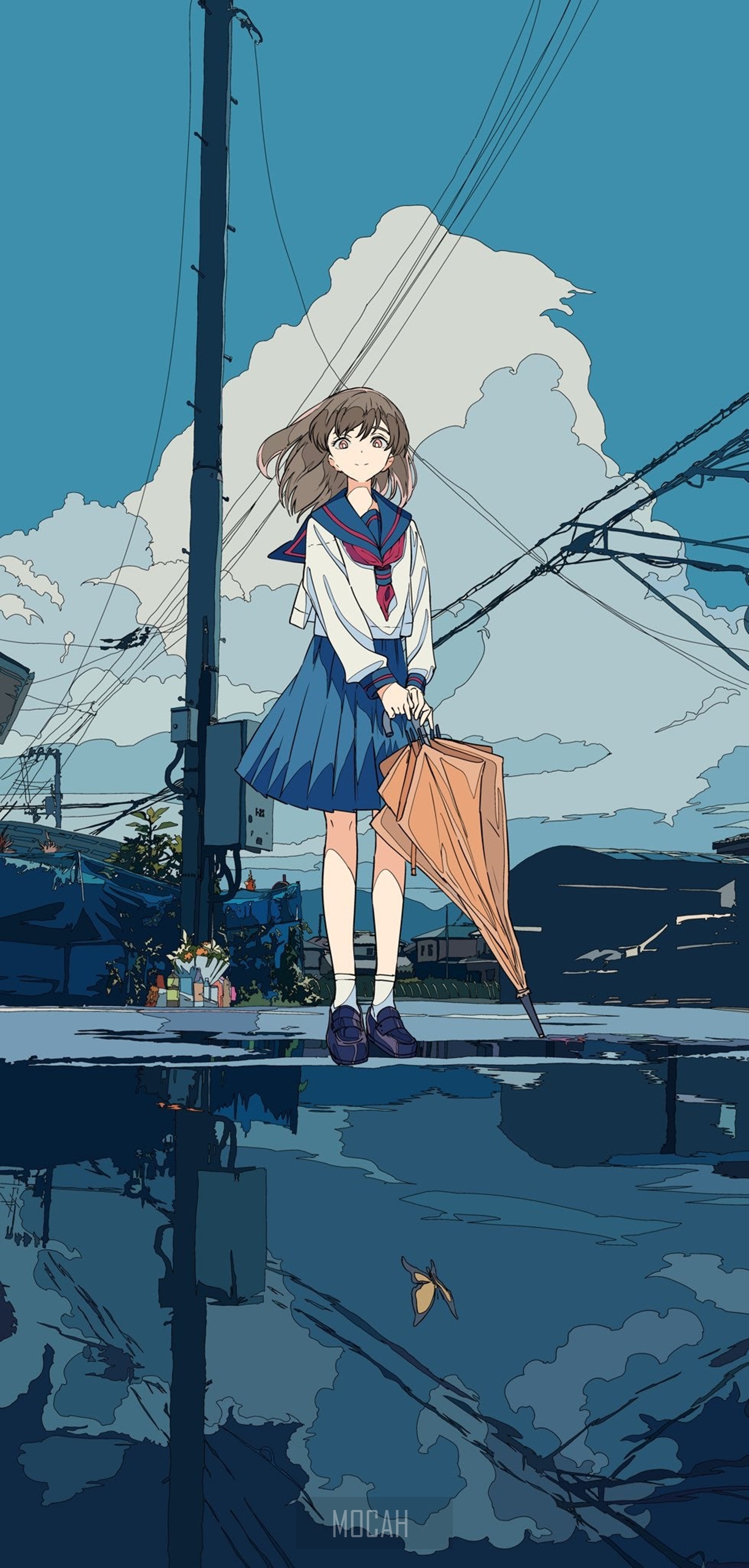 Anime girl in school uniform holding umbrella HD Phone Wallpaper