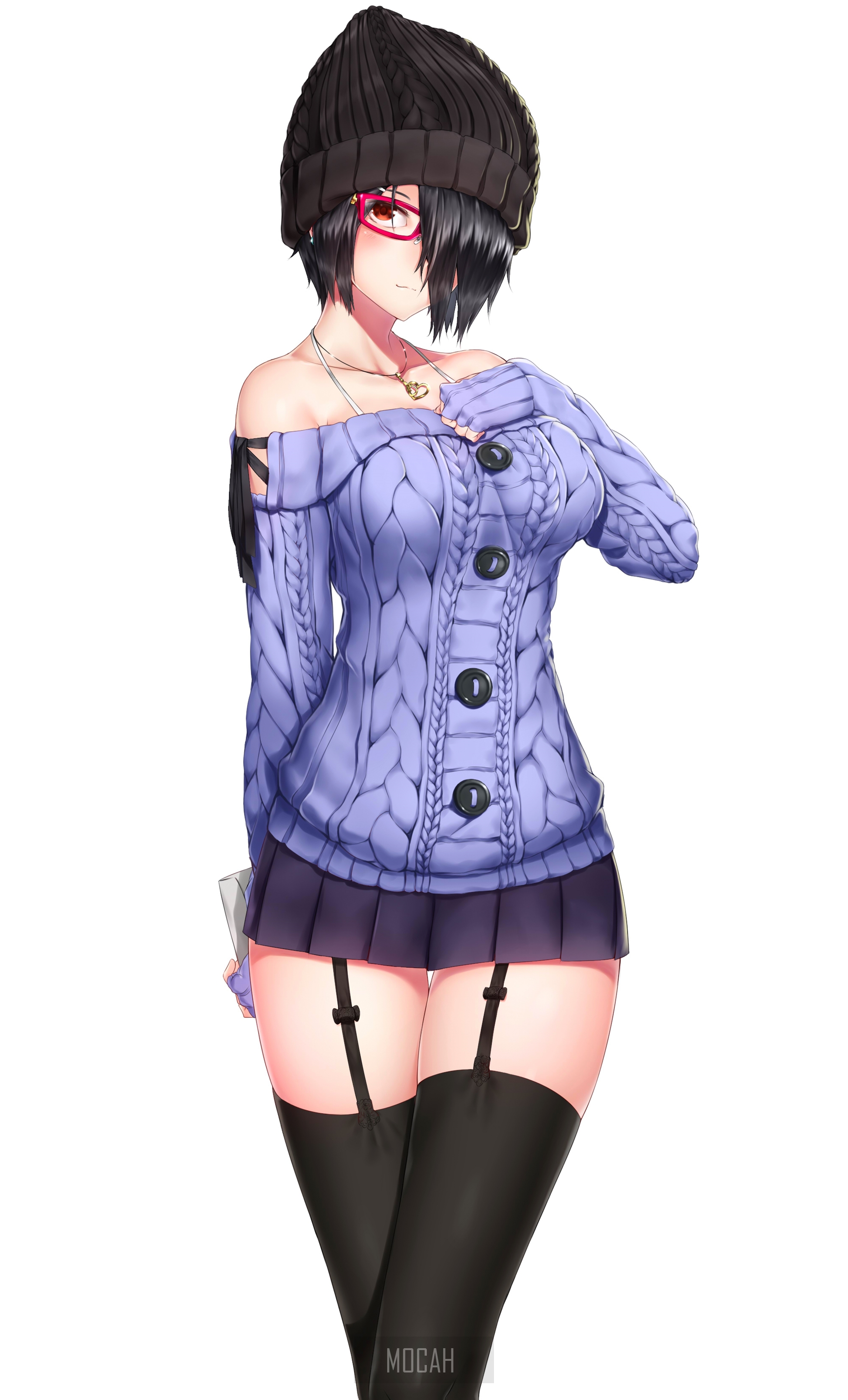Anime girl with glasses wearing a sweater and miniskirt HD Phone Wallpaper