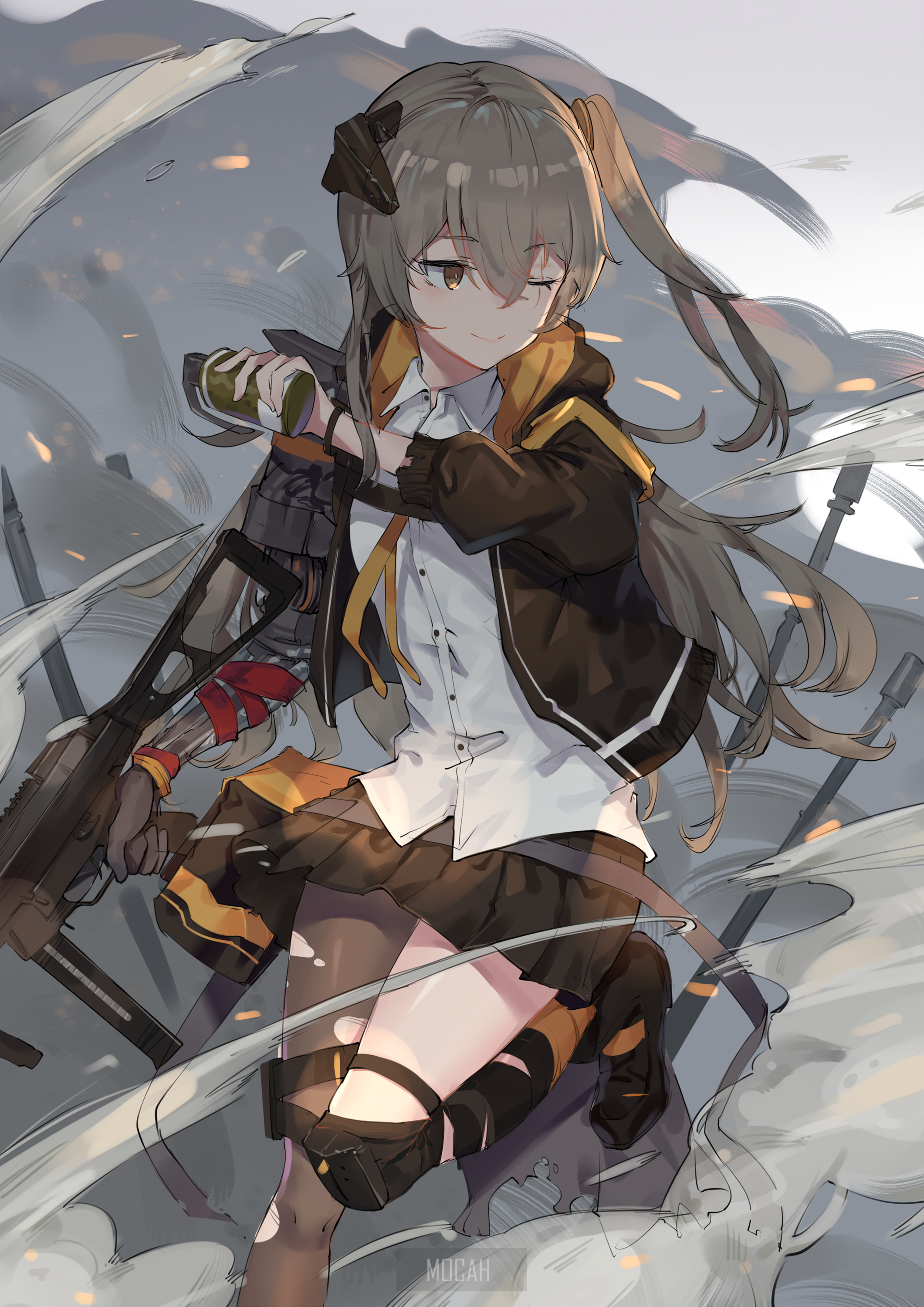 Anime girl with gun and smoke HD Phone Wallpaper