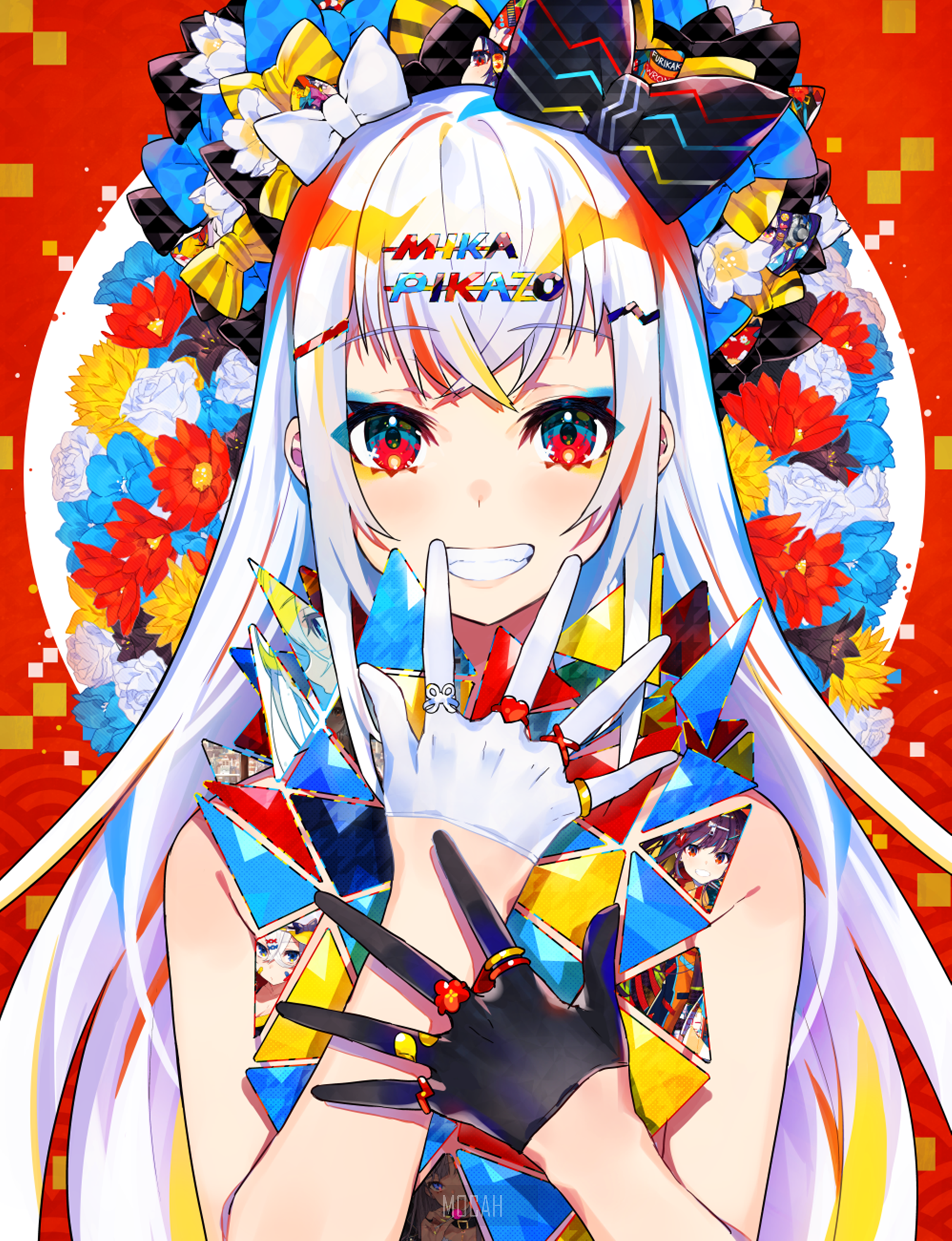 Anime girl Mika Pikazo with colorful outfit and flowers HD Phone Wallpaper