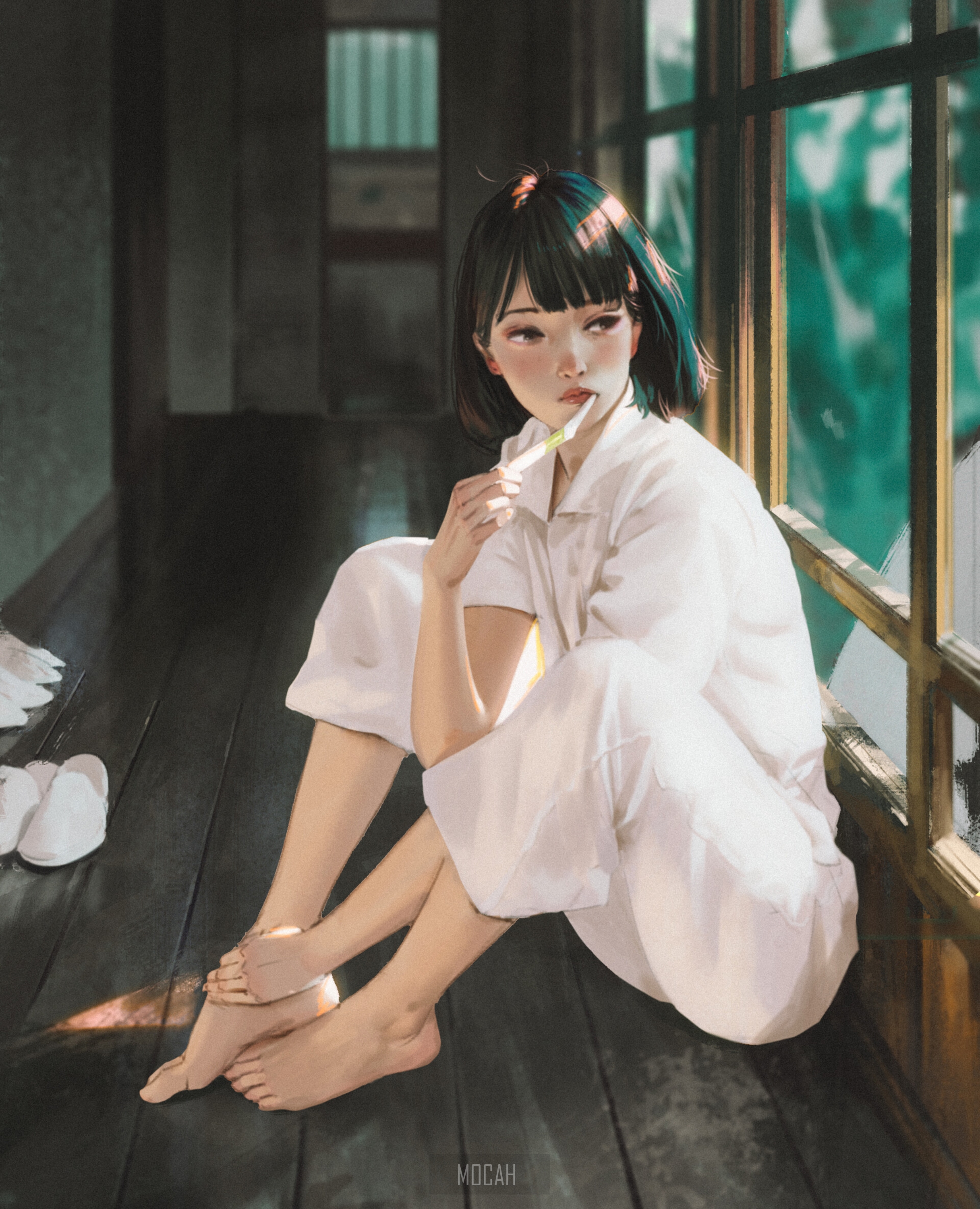 Anime girl with short black hair sitting by a window HD Phone Wallpaper