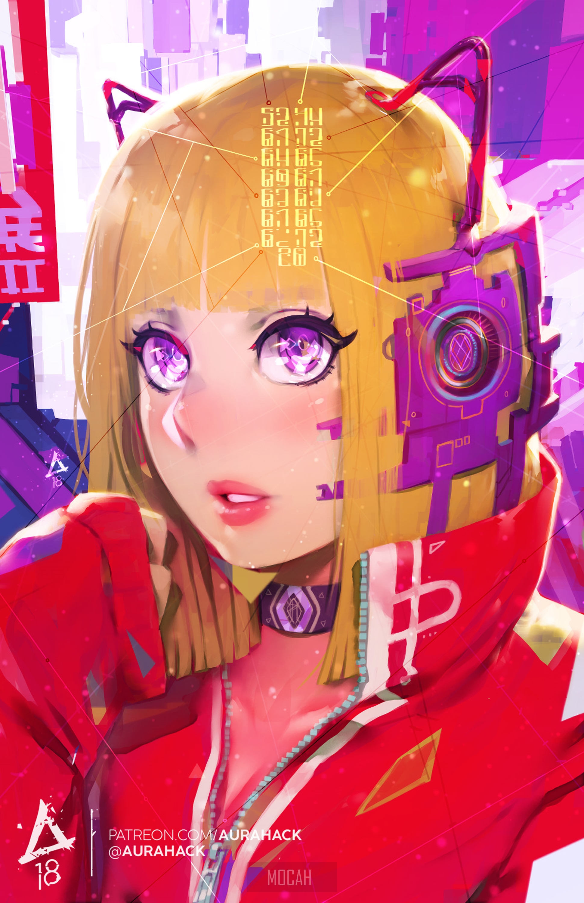 Anime girl with cat ears and cybernetic implants HD Phone Wallpaper