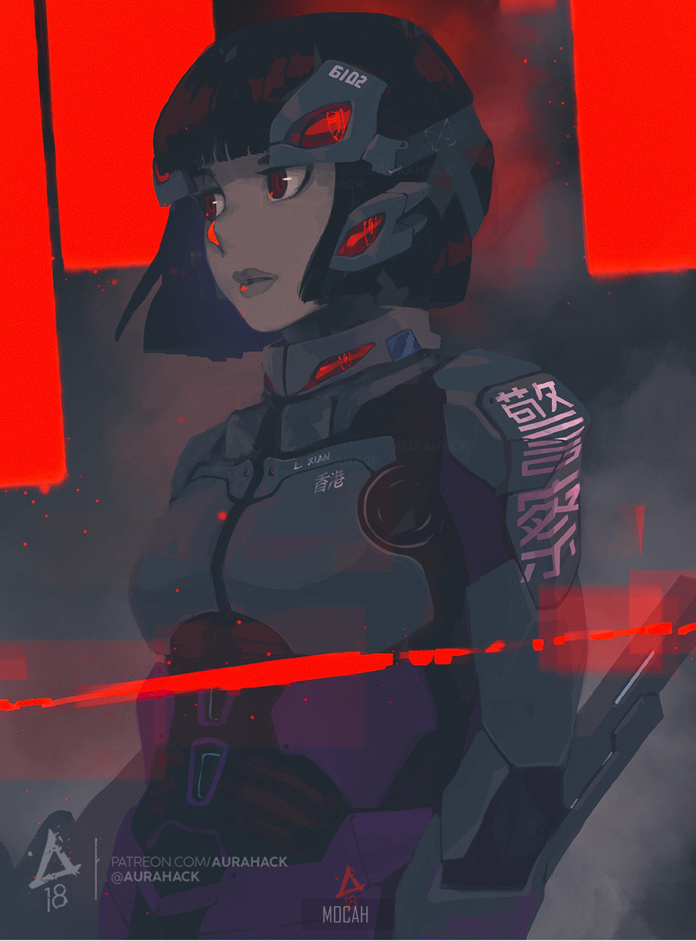 Anime girl in futuristic armor with red accents HD Phone Wallpaper