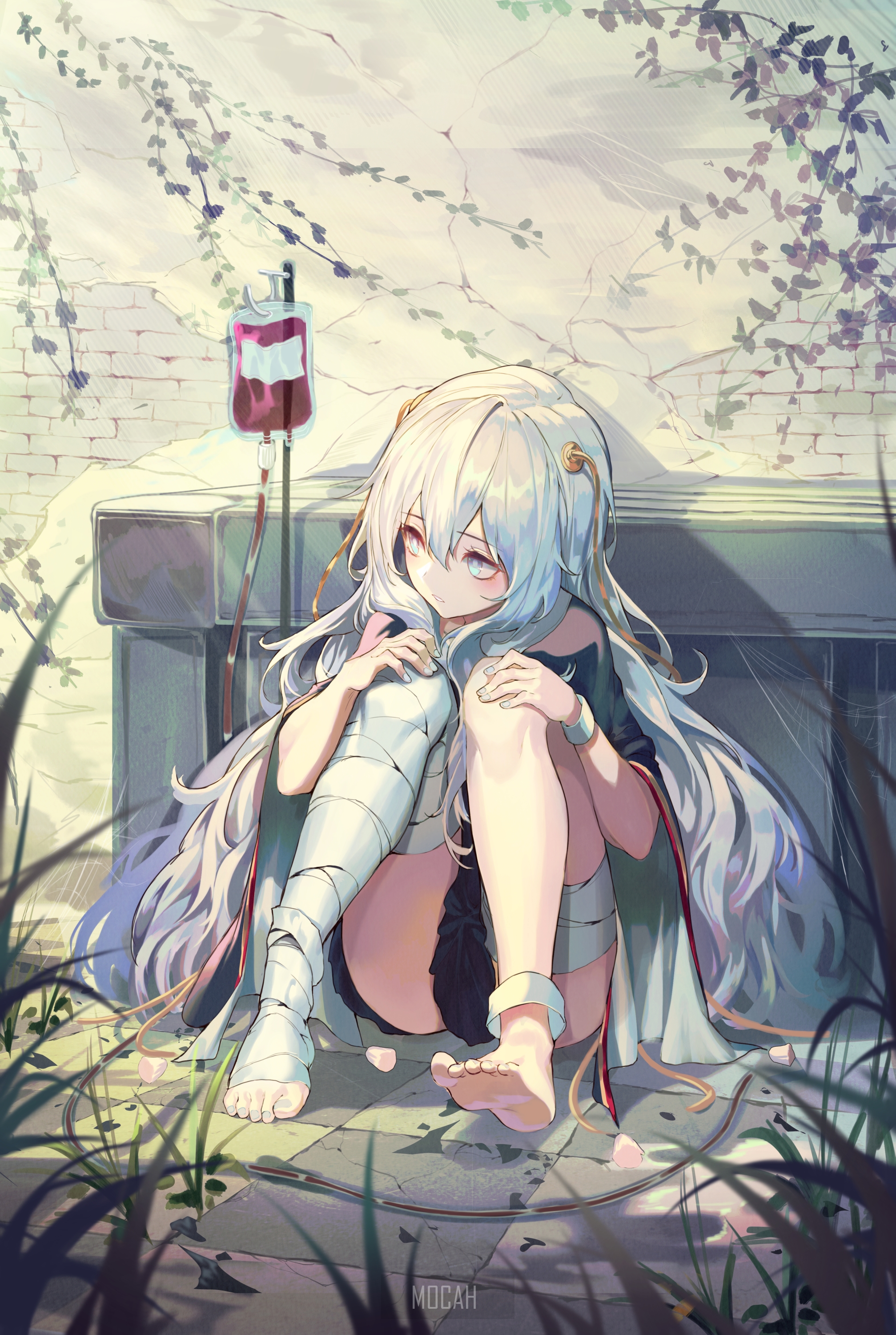Anime girl with IV drip and bandages HD Phone Wallpaper