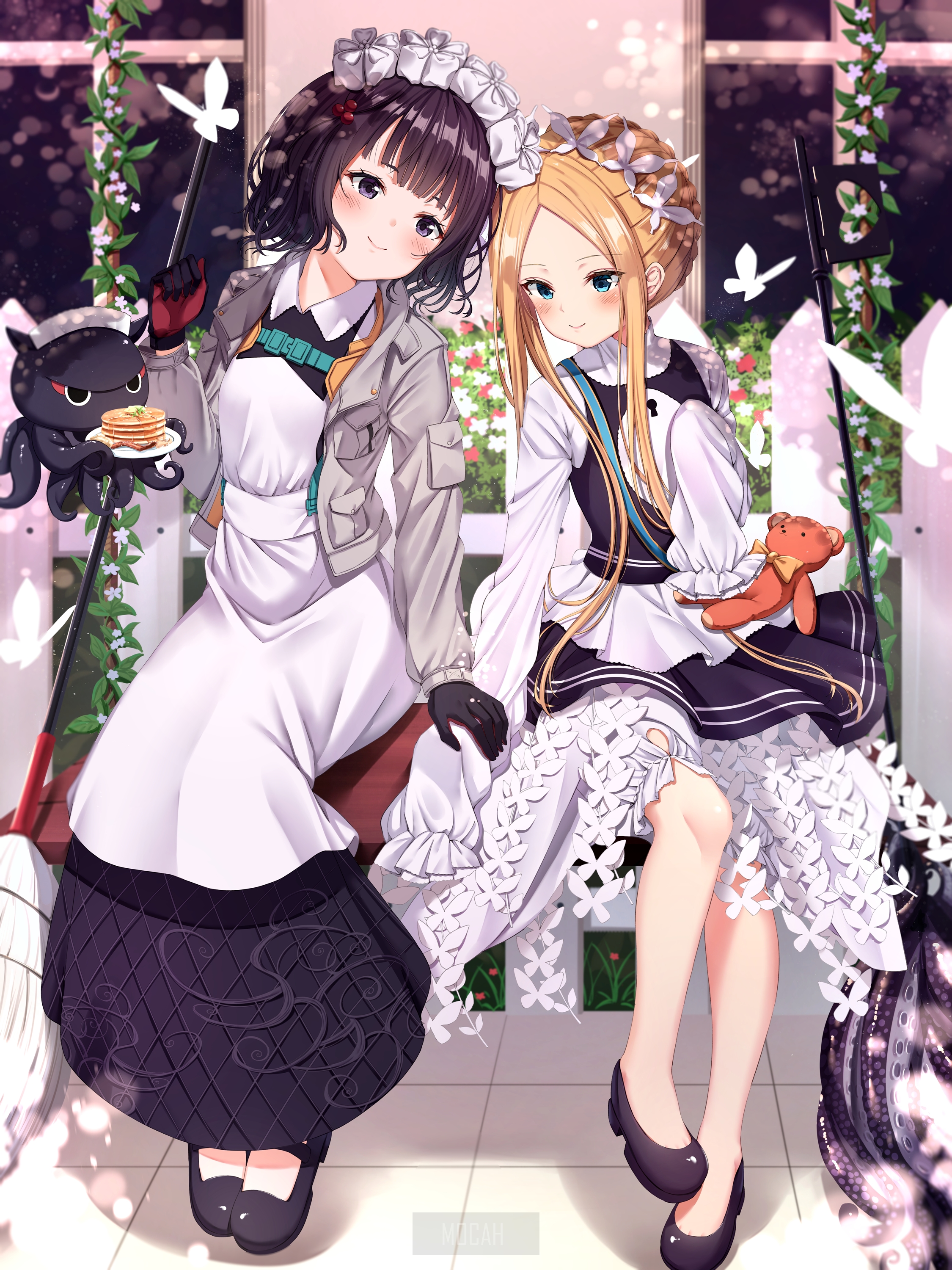 Two anime girls in maid outfits with a teddy bear and octopus HD Phone Wallpaper