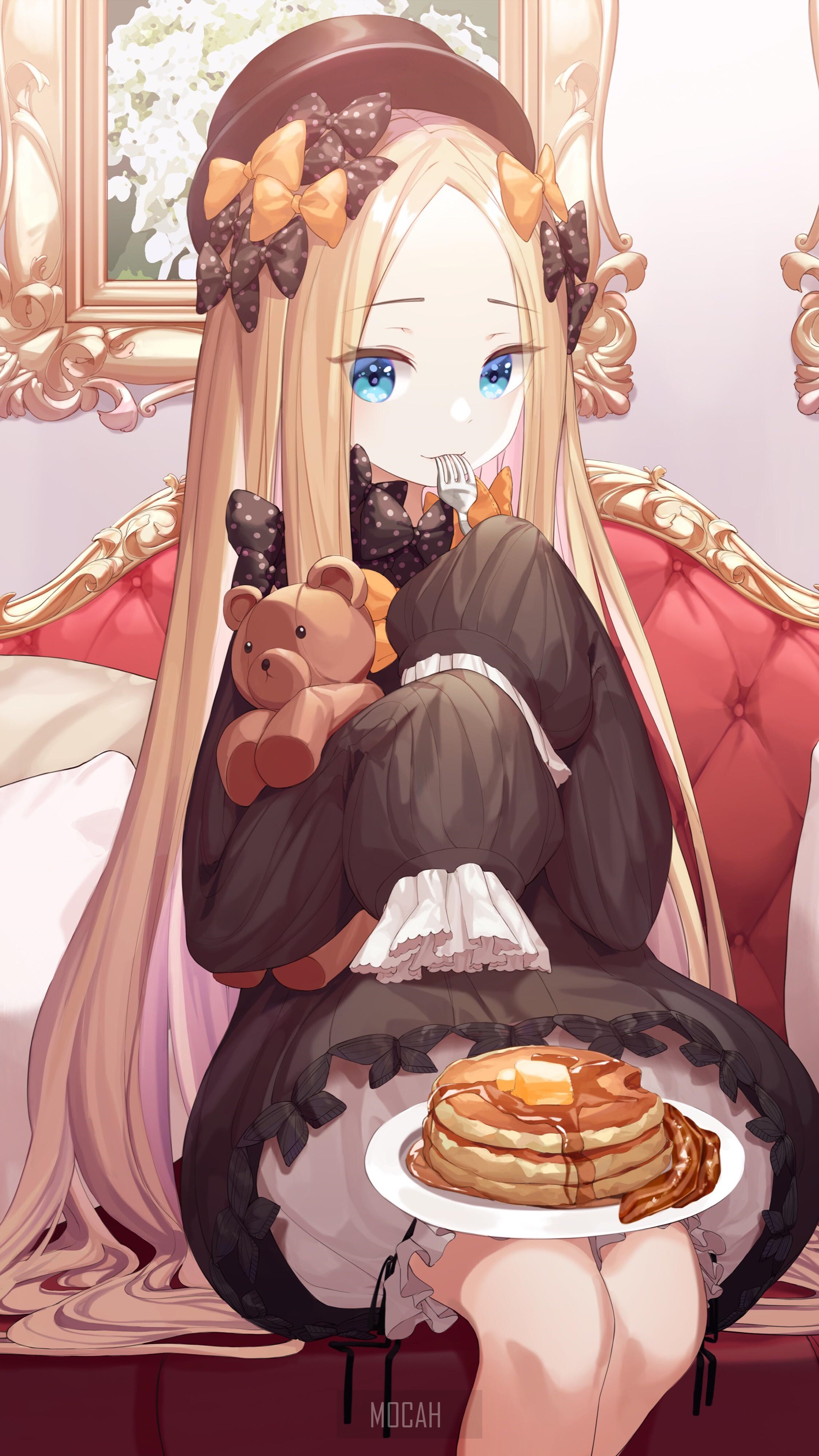 Anime girl with teddy bear eating pancakes HD Phone Wallpaper