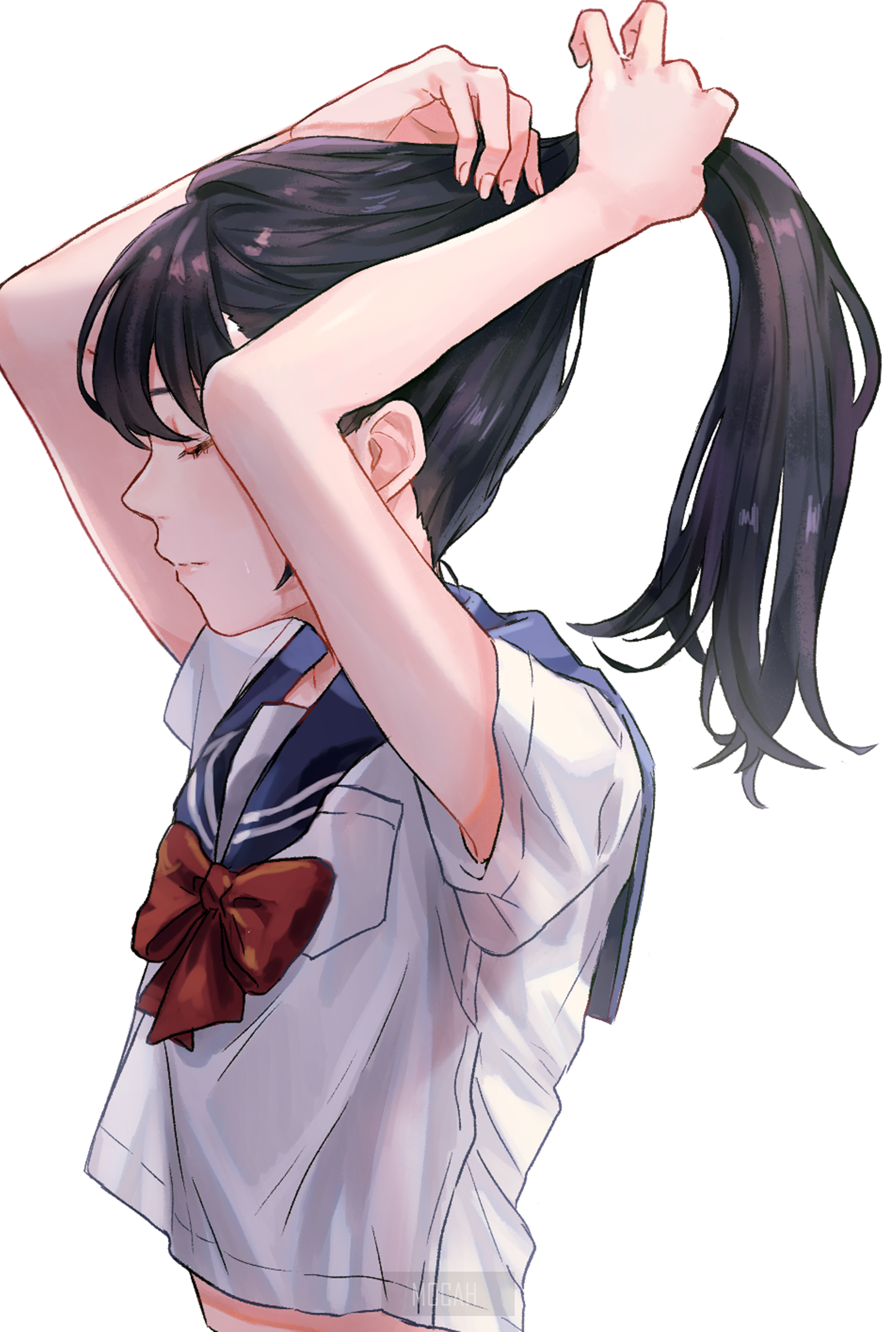 Anime girl tying her hair in a ponytail HD Phone Wallpaper