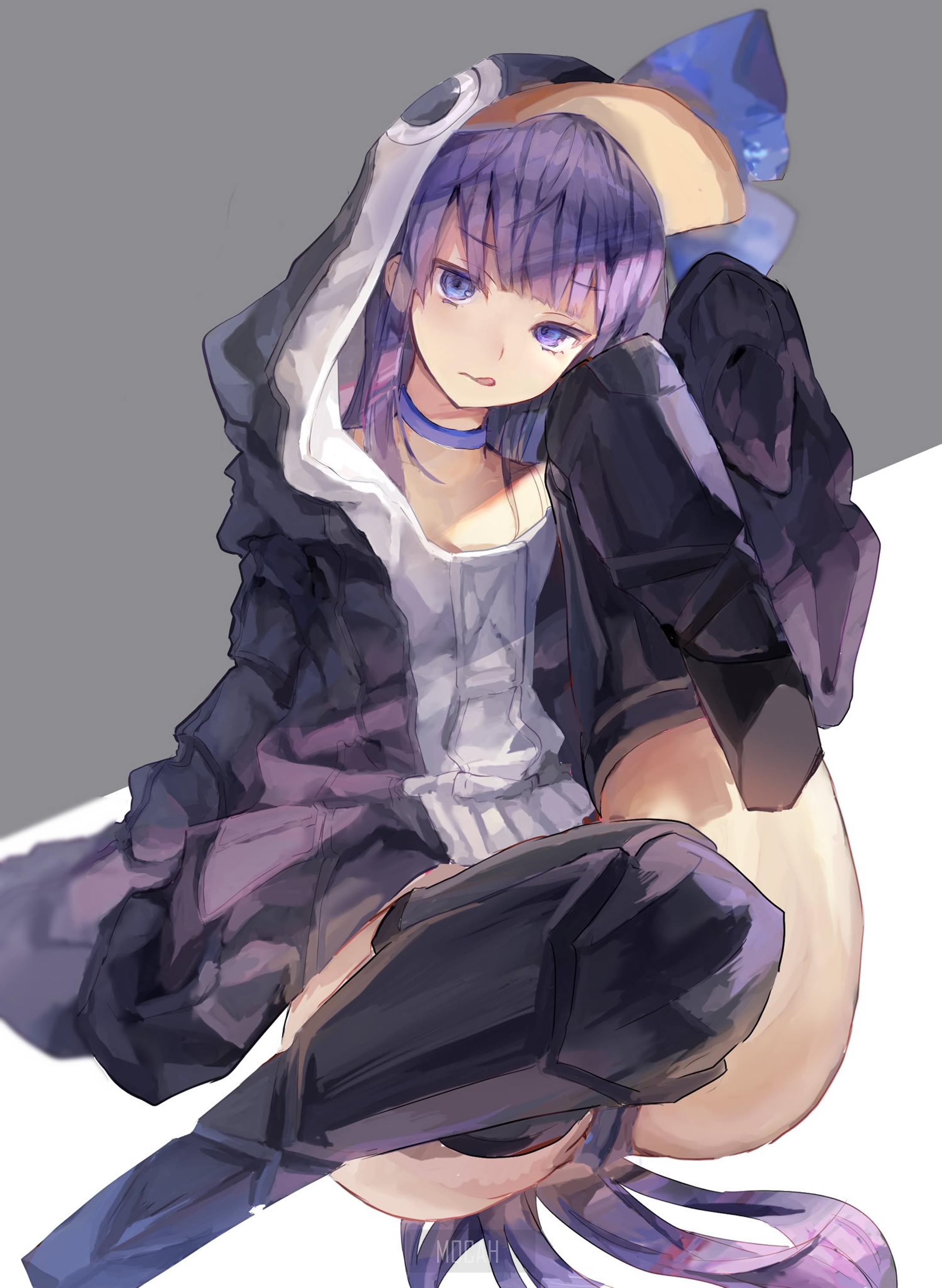 Anime girl with purple hair wearing a hoodie HD Phone Wallpaper