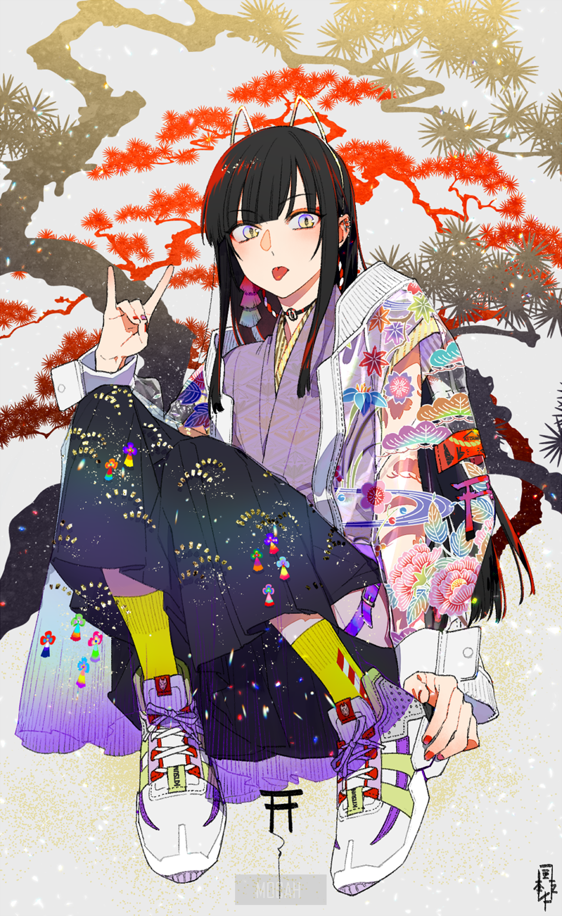 Anime girl with cat ears and traditional Japanese attire HD Phone Wallpaper