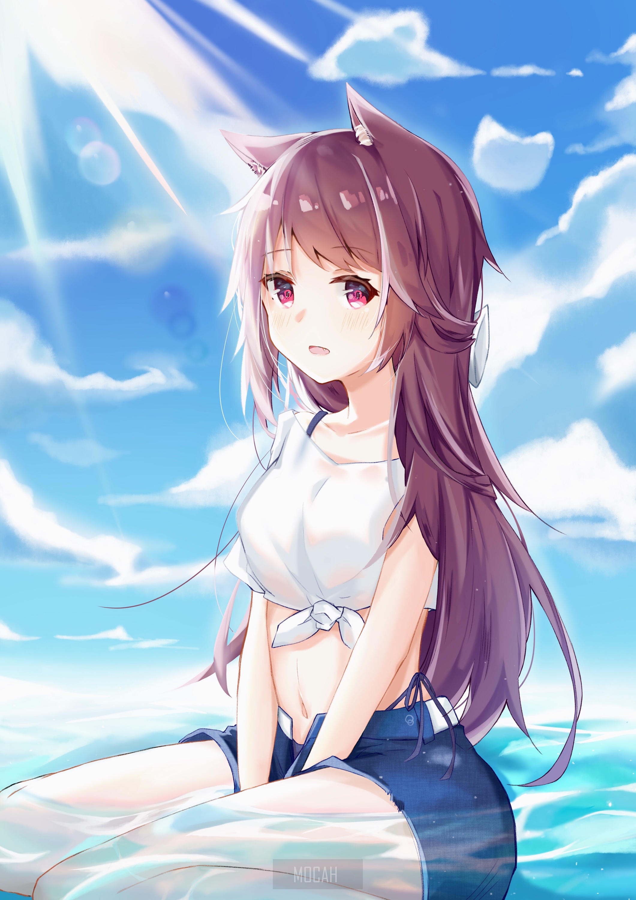Anime girl with cat ears in water HD Phone Wallpaper