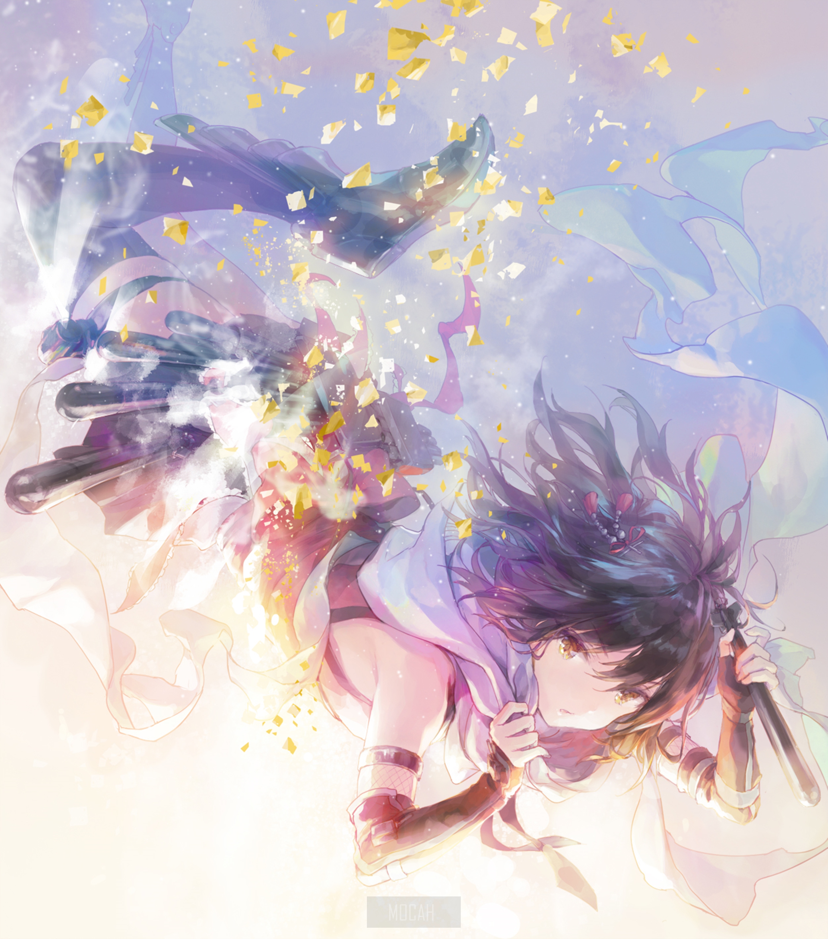 Anime girl with black hair and yellow eyes falling HD Phone Wallpaper